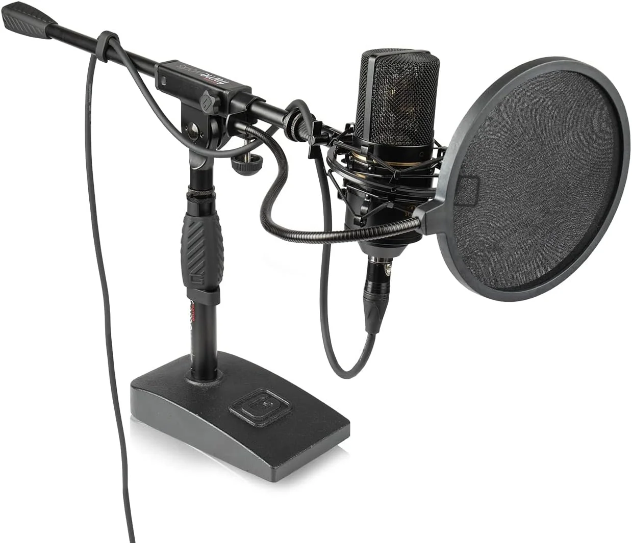 پایه میکروفون درام باس و آمپلی‌فایر Gator Frameworks GFW-MIC-0821 با بوم تک قسمتی و پایه وزن‌دار به همراه بادگیر، کابل XLR و پارچه پولیش Austin Bazaar