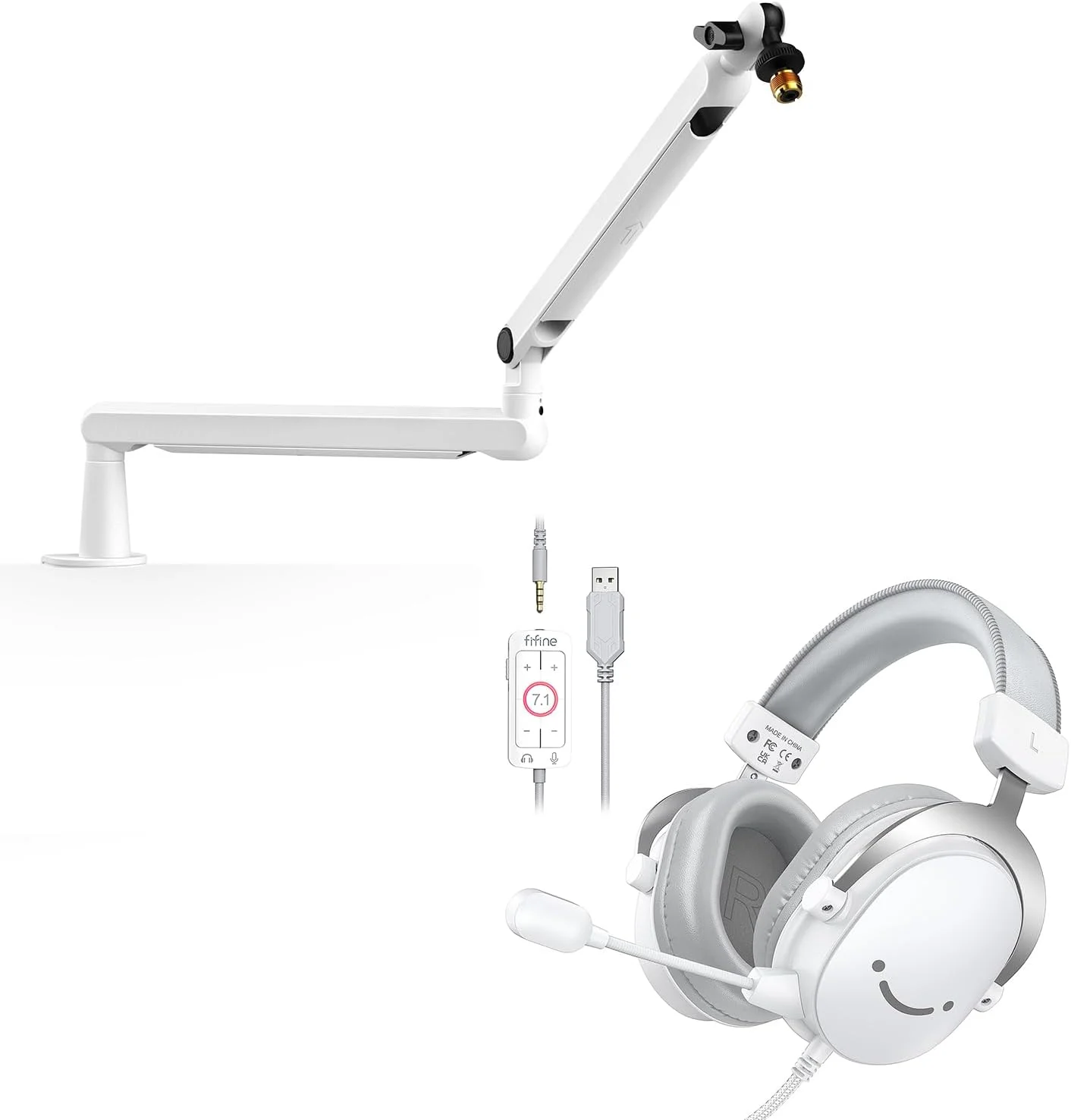 پایه بازوی میکروفون FIFINE و بسته هدست گیمینگ PC، بازوی کم ارتفاع با پایه رومیزی، مدیریت کانال های کابل، هدست USB با صدای فراگیر 7.1، میکروفون جداشدنی برای استریم PS4/PS5 (BM88W+H9W)