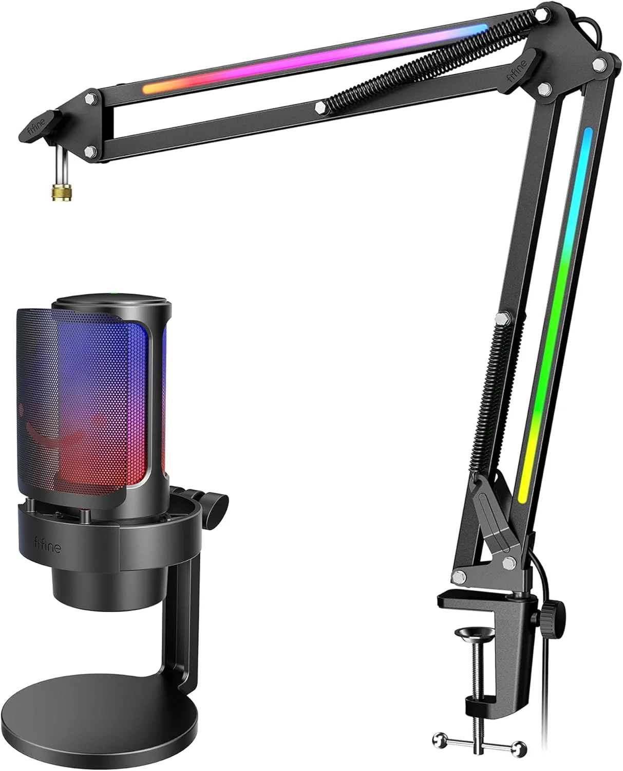 میکروفون کاندنسر USB فایفاین با کیت بازویی، میکروفون گیمینگ RGB با بازوی فلزی برای استریمینگ، مجموعه تجهیزات با کنترل RGB، دکمه تنظیم صدا، آداپتور پیچ 3/8 اینچ به 5/8 اینچ (A8+BM38)