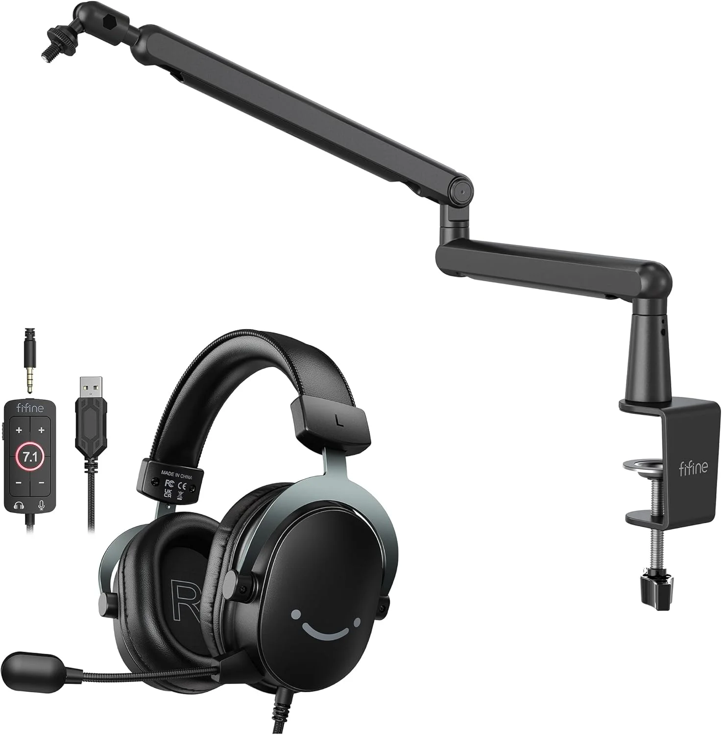 بازوی میکروفون FIFINE و ست هدست گیمینگ سیمی، بازوی میکروفون قابل تنظیم با پایه رومیزی و هدفون USB دور گوشی با صدای فراگیر 7.1 برای پادکست، استریم، گیمینگ و کامپیوتر - BM88+H9