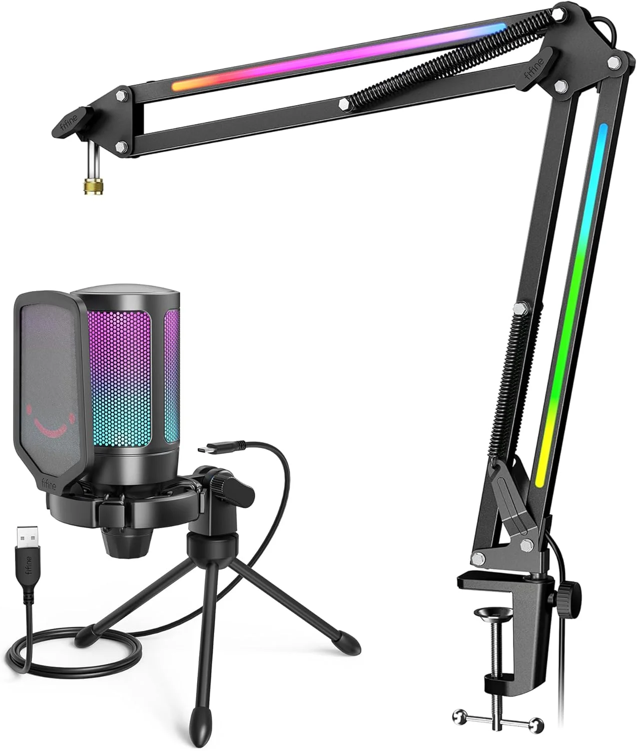 مجموعه میکروفون گیمینگ USB فاین، میکروفون کاندنسر PC با کنترل RGB، پایه بازویی، دکمه تنظیم صدا، دکمه قطع صدا، بازوی فلزی با آداپتور 3/8 اینچ به 5/8 اینچ برای استریم ویدیوهای یوتیوب (A6V+BM38)