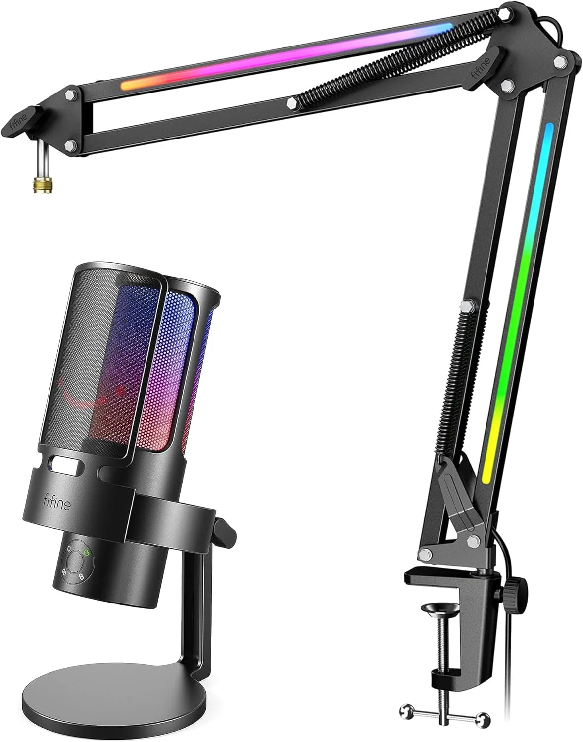 کیت میکروفون USB کاندنسر FIFINE برای بازی با چهار الگوی قطبی، بازوی بوم میکروفون RGB، دکمه قطع صدا، کنترل صدا، میکروفون استریم و پایه فلزی برای یوتیوب، ویندوز، مک (A8Plus+BM38)