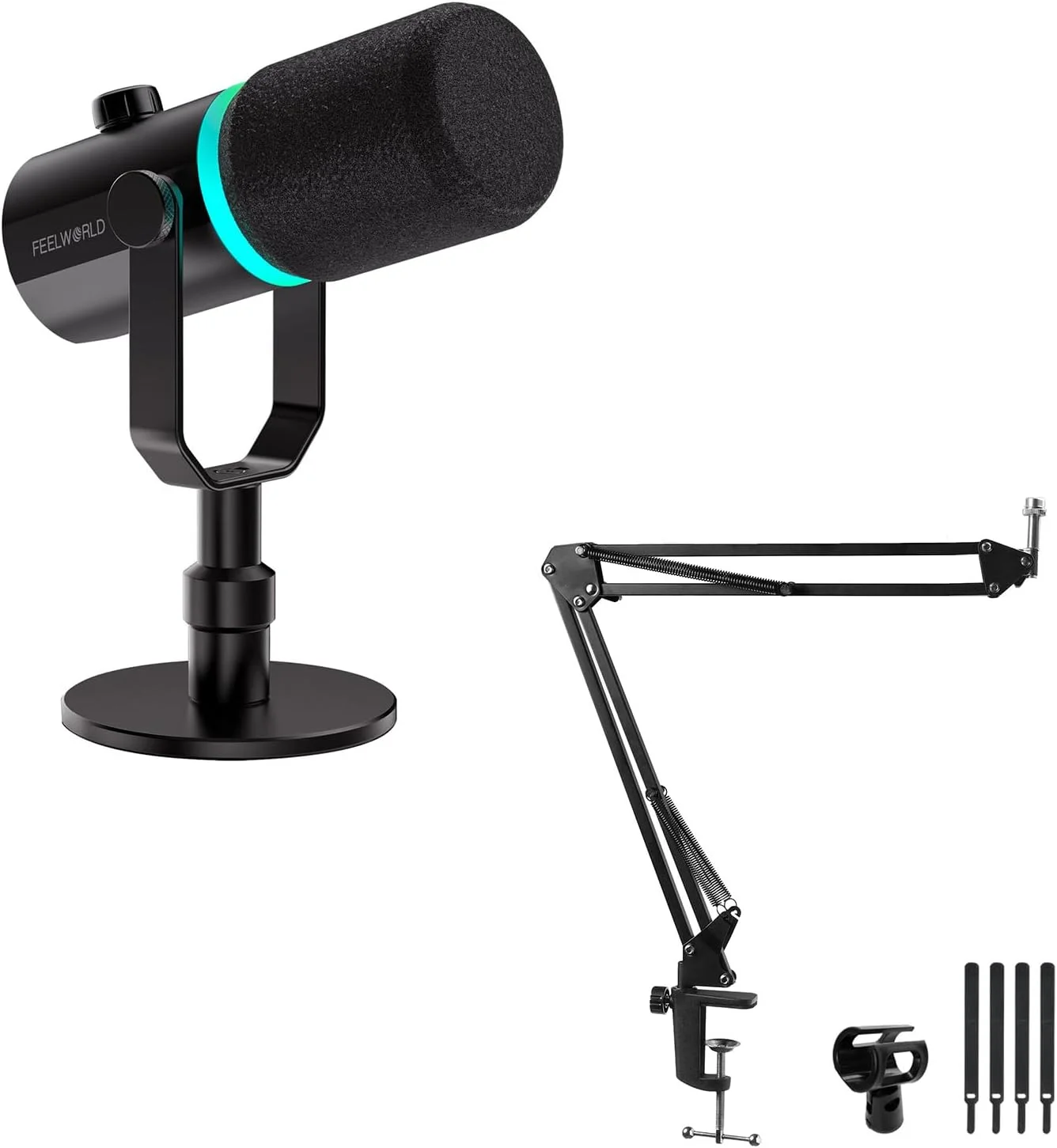 میکروفون داینامیک XLR USB مدل FEELWORLD PM1 به همراه پایه رومیزی و بازوی میکروفون AMS1