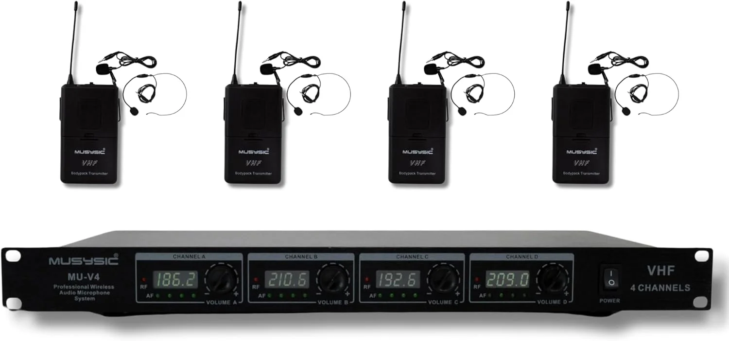سیستم میکروفون بی سیم MUSYSIC VHF یقه ای، فرستنده و گیرنده با فناوری پیشرفته SM، خروجی 1/4 اینچی، کنترل فرکانس و صدا مجزا - 4 کانال