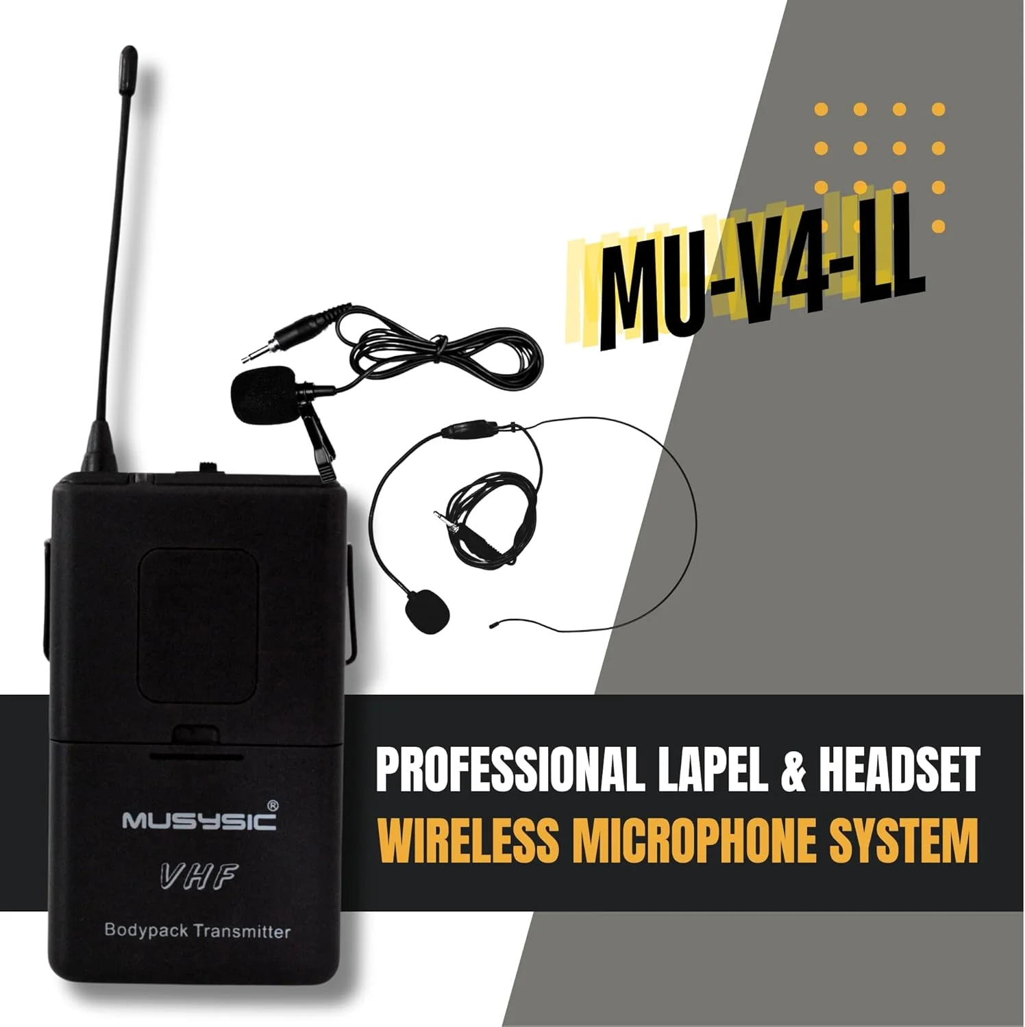 سیستم میکروفون بی سیم MUSYSIC VHF یقه ای، فرستنده و گیرنده با فناوری پیشرفته SM، خروجی 1/4 اینچی، کنترل فرکانس و صدا مجزا - 4 کانال