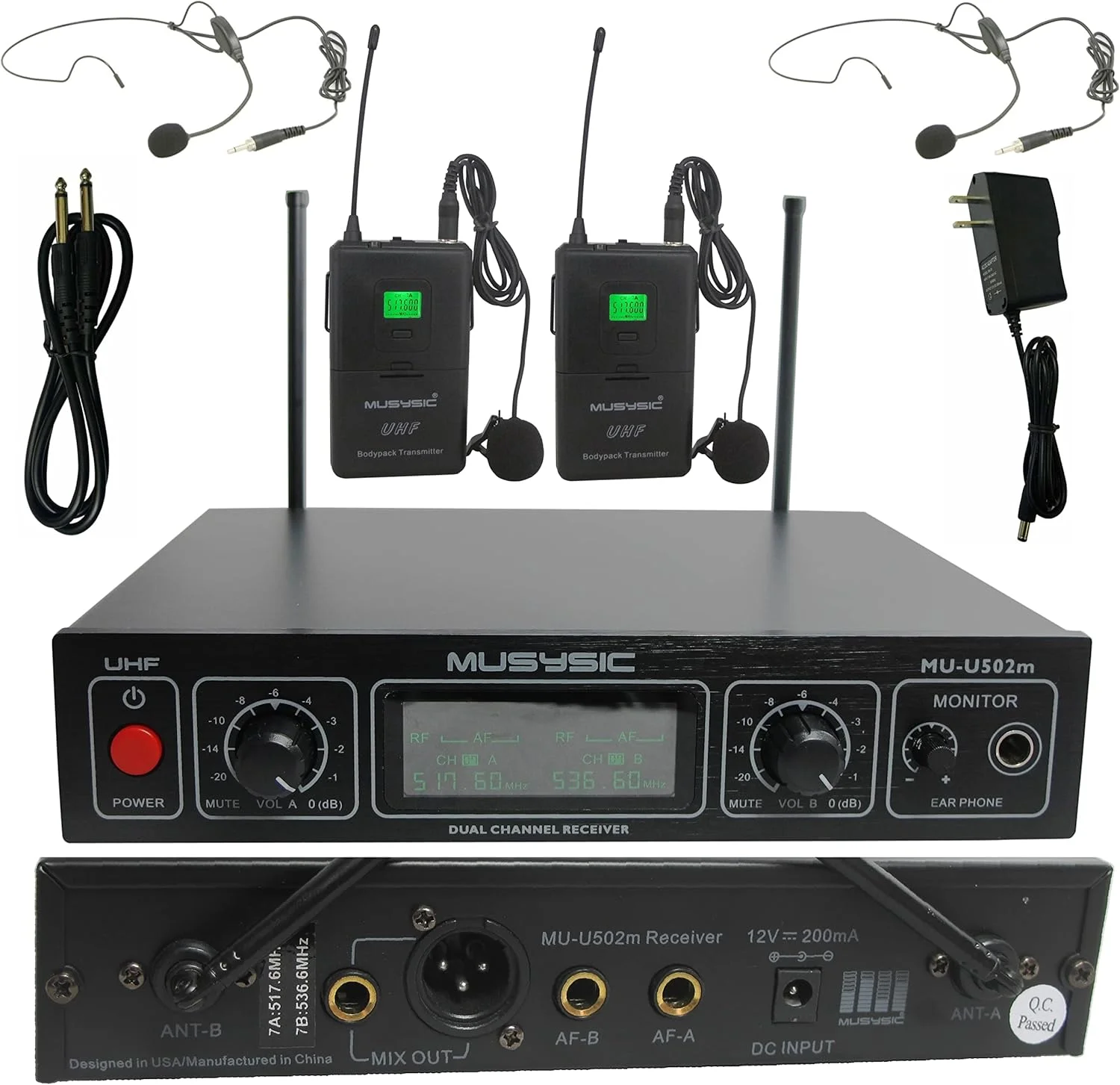 سیستم میکروفون بی سیم دو کاناله یقه ای و هدست حرفه ای MUSYSIC با خروجی مانیتور، دارای تاییدیه FCC، مناسب برای سیستم کارائوکه، سخنرانی در کلیسا، کنفرانس، جشن عروسی