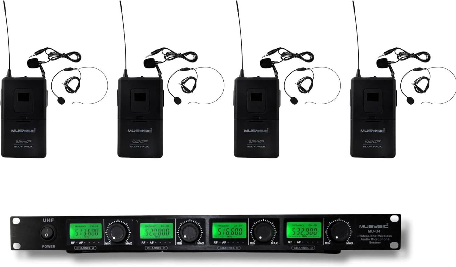 سیستم میکروفون بی سیم یقه ای/لاوالیر و هدست حرفه ای 4 کاناله UHF مدل MUSYSIC U4LL برای کنفرانس، کلیسا، مهمانی با کنترل های مستقل صدا