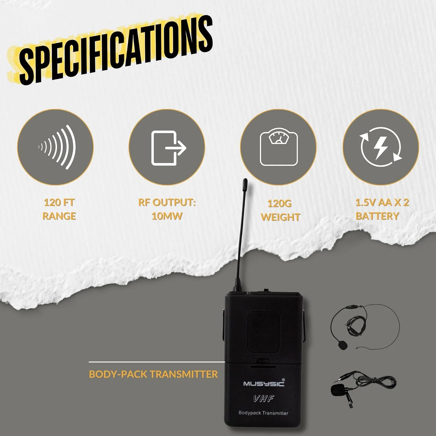 سیستم میکروفون بی سیم MUSYSIC VHF یقه ای، فرستنده و گیرنده با فناوری پیشرفته SM، خروجی 1/4 اینچی، کنترل فرکانس و صدا مجزا - 4 کانال