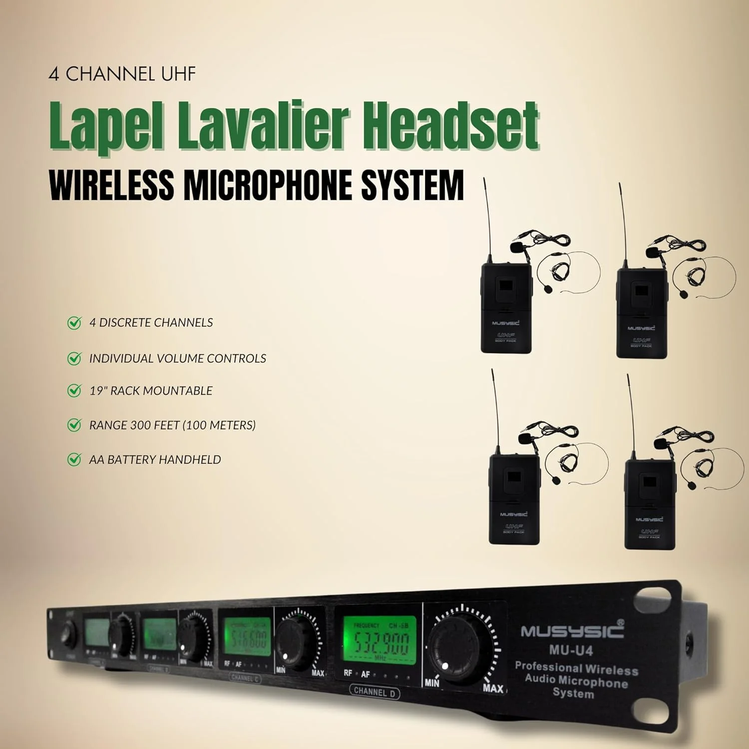 سیستم میکروفون بی سیم یقه ای/لاوالیر و هدست حرفه ای 4 کاناله UHF مدل MUSYSIC U4LL برای کنفرانس، کلیسا، مهمانی با کنترل های مستقل صدا