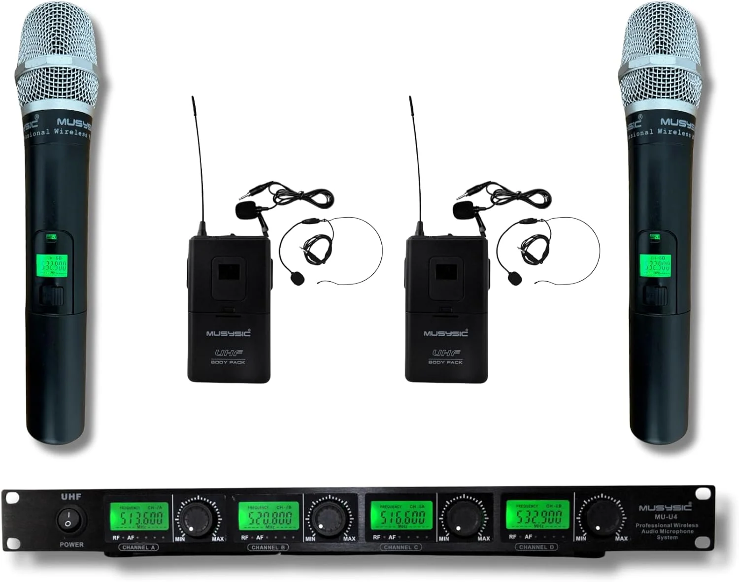 سیستم میکروفون بی سیم یقه ای و هدست حرفه ای 4 کاناله UHF سیستم میکروفون بی سیم یقه ای و هدست حرفه ای 4 کاناله UHF