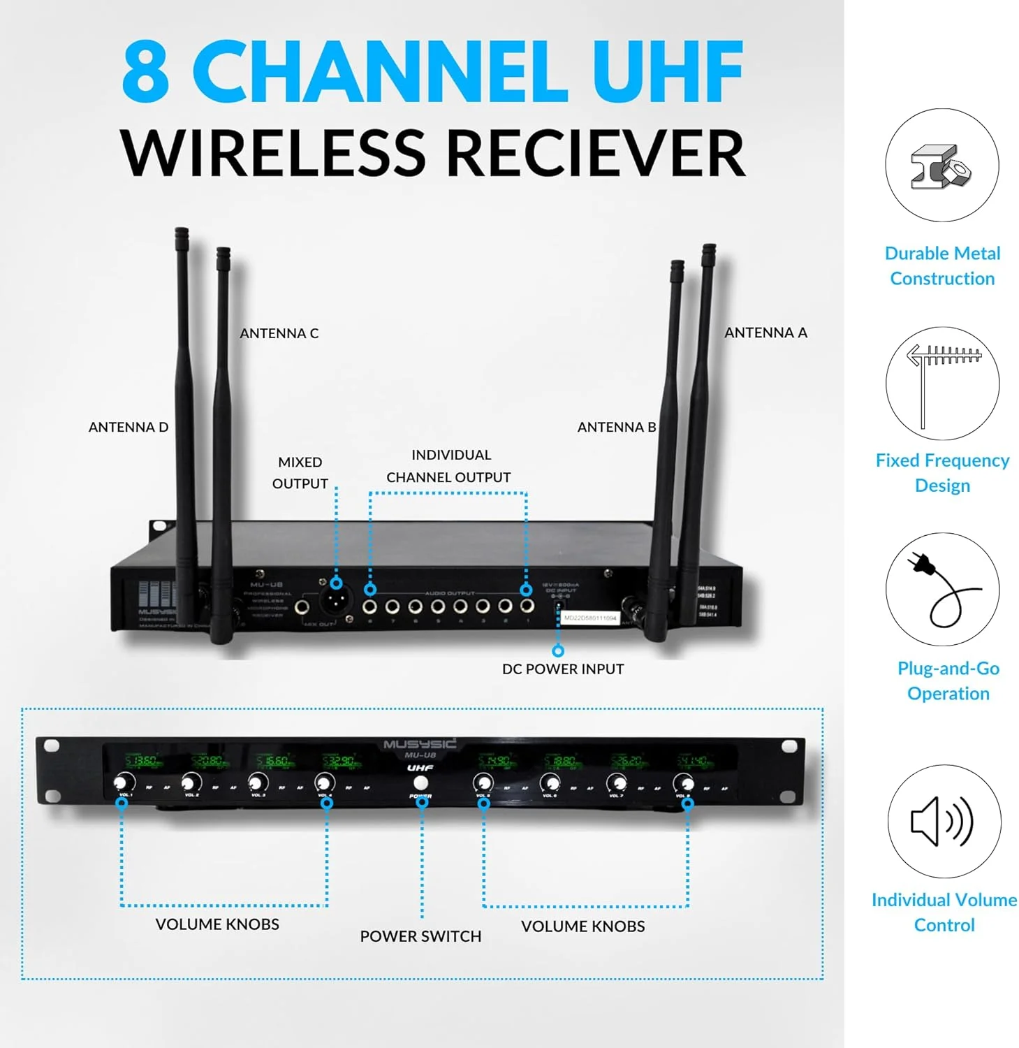سیستم میکروفون بی سیم حرفه ای 8 کاناله UHF MUSYSIC، برد 300 فوت، فرکانس ثابت، میکروفون های یقه ای/هدست برای آواز، کارائوکه، کلیسا، دی جی (مجموعه فرکانس 2) سیستم میکروفون بی سیم حرفه ای 8 کاناله UHF MUSYSIC، برد 300 فوت، فرکانس ثابت، میکروفون های یقه ای/هدست برای آواز، کارائوکه، کلیسا، دی جی (مجموعه فرکانس 2)