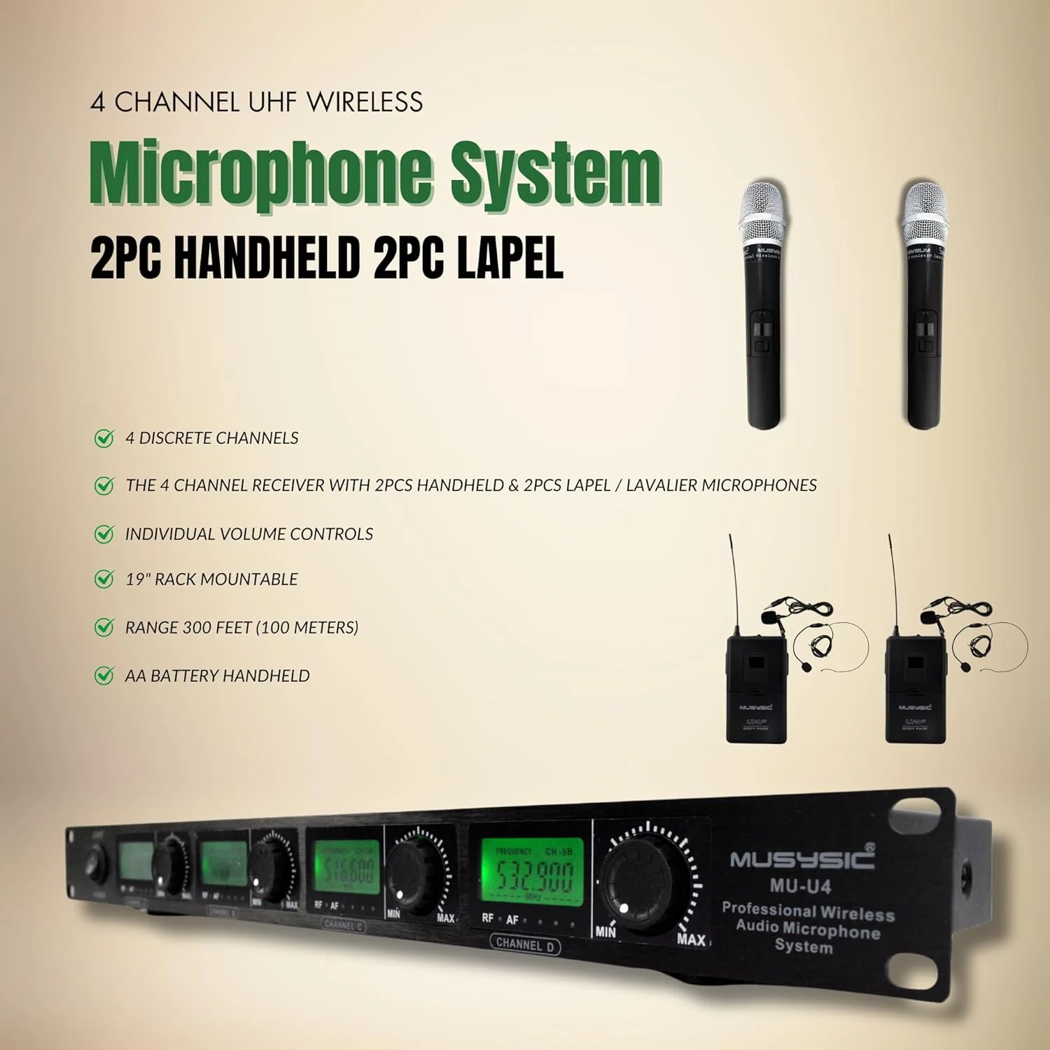 سیستم میکروفون بی سیم یقه ای و هدست حرفه ای 4 کاناله UHF سیستم میکروفون بی سیم یقه ای و هدست حرفه ای 4 کاناله UHF