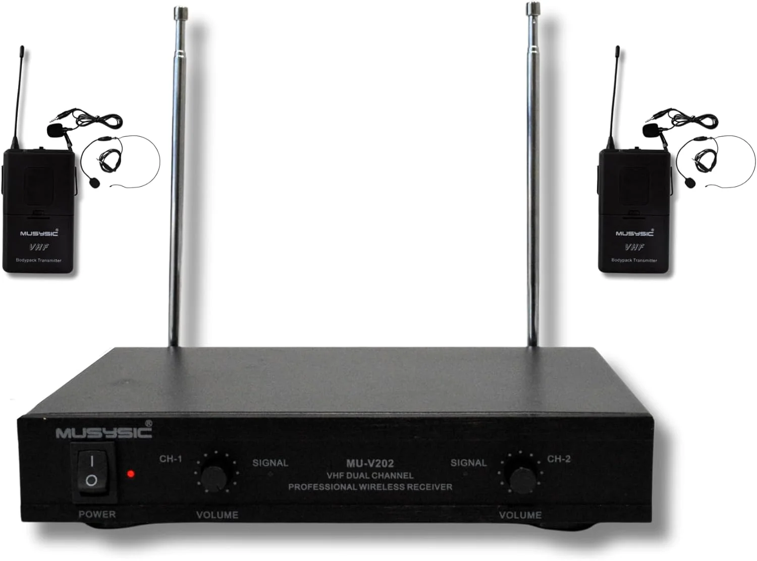 سیستم میکروفون بی سیم MUSYSIC VHF یقه ای، فرستنده و گیرنده با فناوری پیشرفته SM، خروجی 1/4 اینچی، کنترل فرکانس و صدا جداگانه - 2 کانال