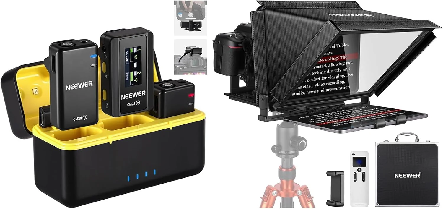 سیستم میکروفون یقه‌ای بی‌سیم NEEWER CM28 با جعبه شارژ، حذف نویز، حافظه 4 گیگابایتی، 9 ساعت ضبط صدا با کیفیت غیر فشرده 48 کیلوهرتز/16 بیت، شامل تله‌پرومتر آلومینیومی X12