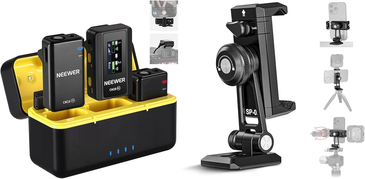 سیستم میکروفون یقه ای بی سیم NEEWER CM28 با جعبه شارژ، حذف نویز با یک کلیک، میکروفون یقه ای با حافظه 4 گیگابایتی سازگار با آیفون/اندروید/رایانه شخصی/دوربین، شامل آداپتور پایه نگهدارنده گوشی