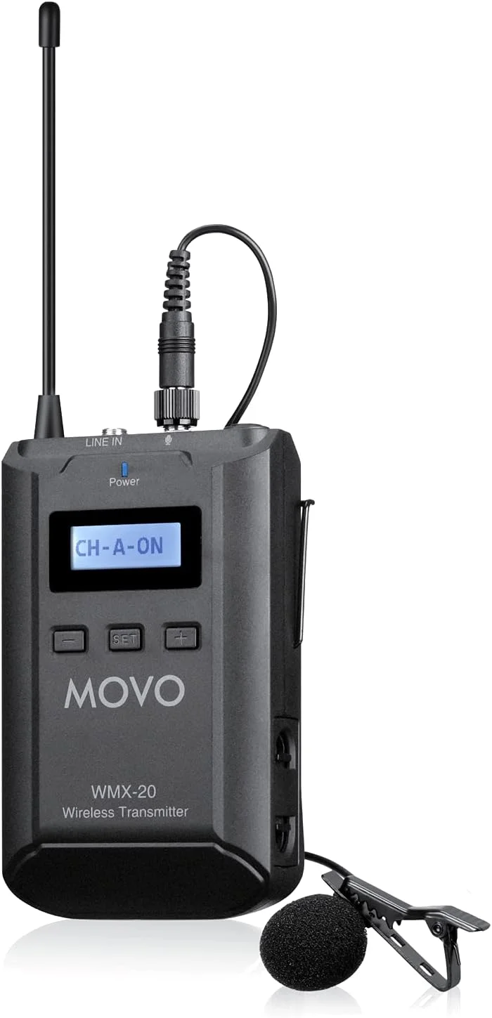 فرستنده و میکروفون یقه‌ای بی‌سیم اومنی‌دایرکشنال Movo WMX-20-TX - میکروفون یقه‌ای برای سیستم میکروفون بی‌سیم UHF مدل WMX-20 - میکروفون Lav برای ولاگر، تولیدکننده محتوا، فیلمبردار، خبرنگار و یوتیوبر