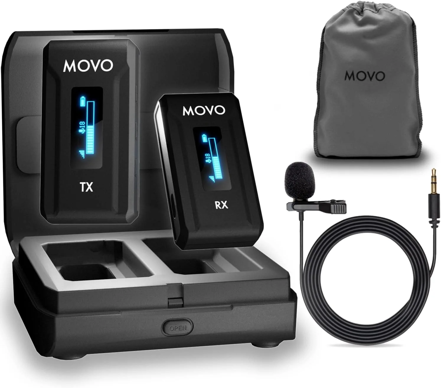 میکروفون دوربین بی سیم Movo WMX-2 با جعبه شارژ - میکروفون یقه ای برای دوربین های DSLR، ولاگ، تولید محتوا، فیلم سازی