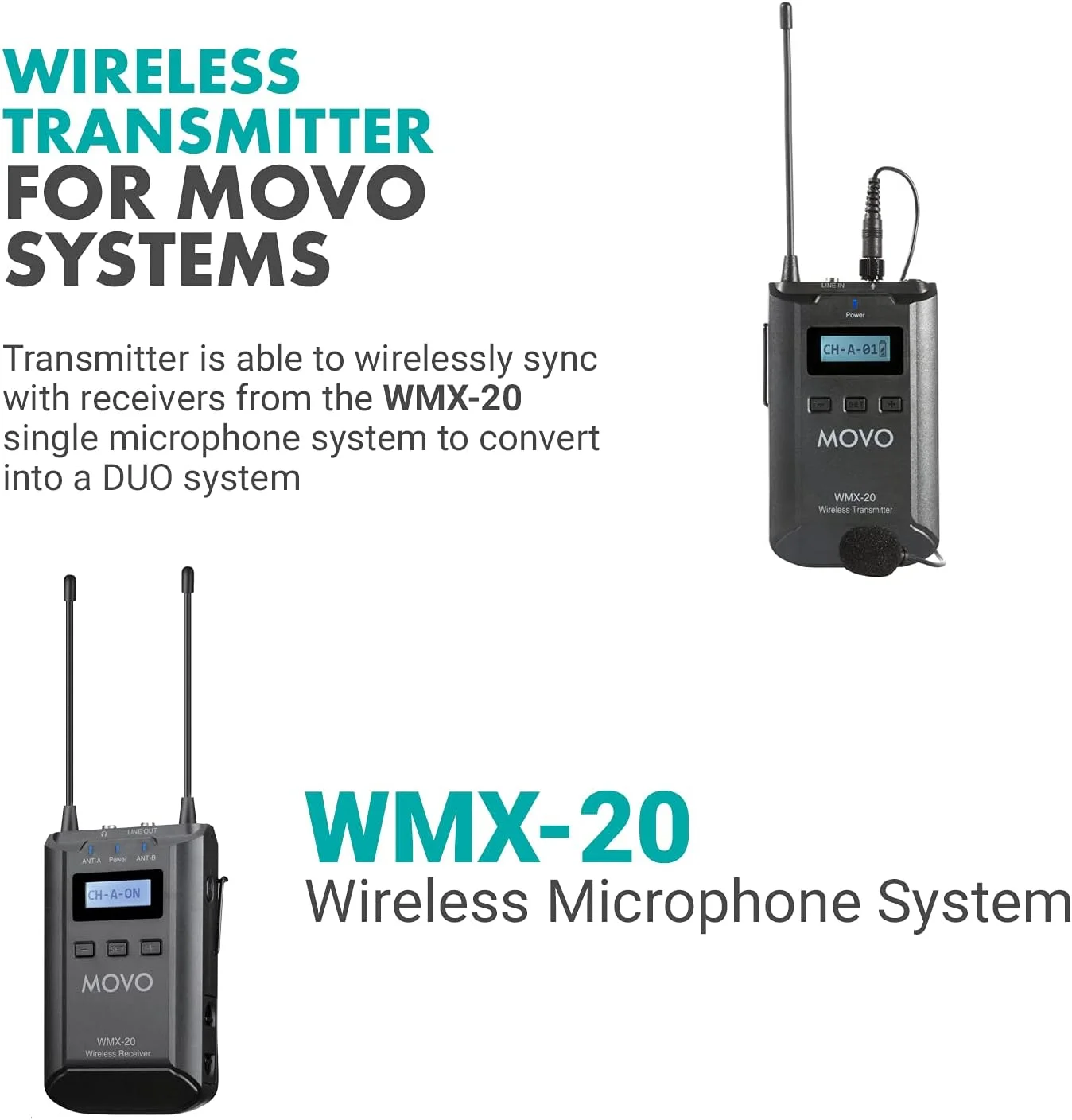 فرستنده و میکروفون یقه‌ای بی‌سیم اومنی‌دایرکشنال Movo WMX-20-TX - میکروفون یقه‌ای برای سیستم میکروفون بی‌سیم UHF مدل WMX-20 - میکروفون Lav برای ولاگر، تولیدکننده محتوا، فیلمبردار، خبرنگار و یوتیوبر