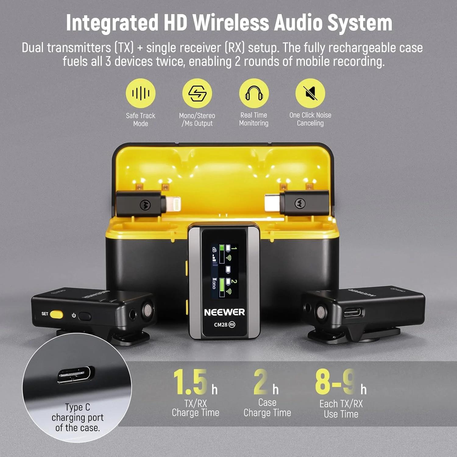 سیستم میکروفون یقه ای بی سیم NEEWER CM28 با جعبه شارژ، حذف نویز با یک کلیک، میکروفون یقه ای با حافظه 4 گیگابایتی سازگار با آیفون/اندروید/رایانه شخصی/دوربین، شامل آداپتور پایه نگهدارنده گوشی