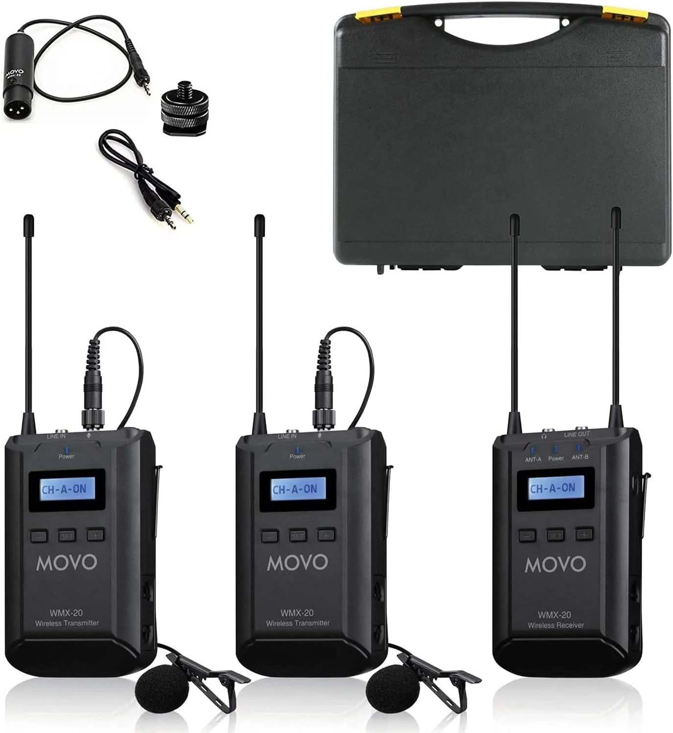 سیستم میکروفون یقه ای بی سیم UHF دو کاناله Movo WMX-20-DUO با 1 گیرنده، 2 فرستنده و 2 میکروفون یقه ای سازگار با دوربین های DSLR (برد صوتی 330 فوت)