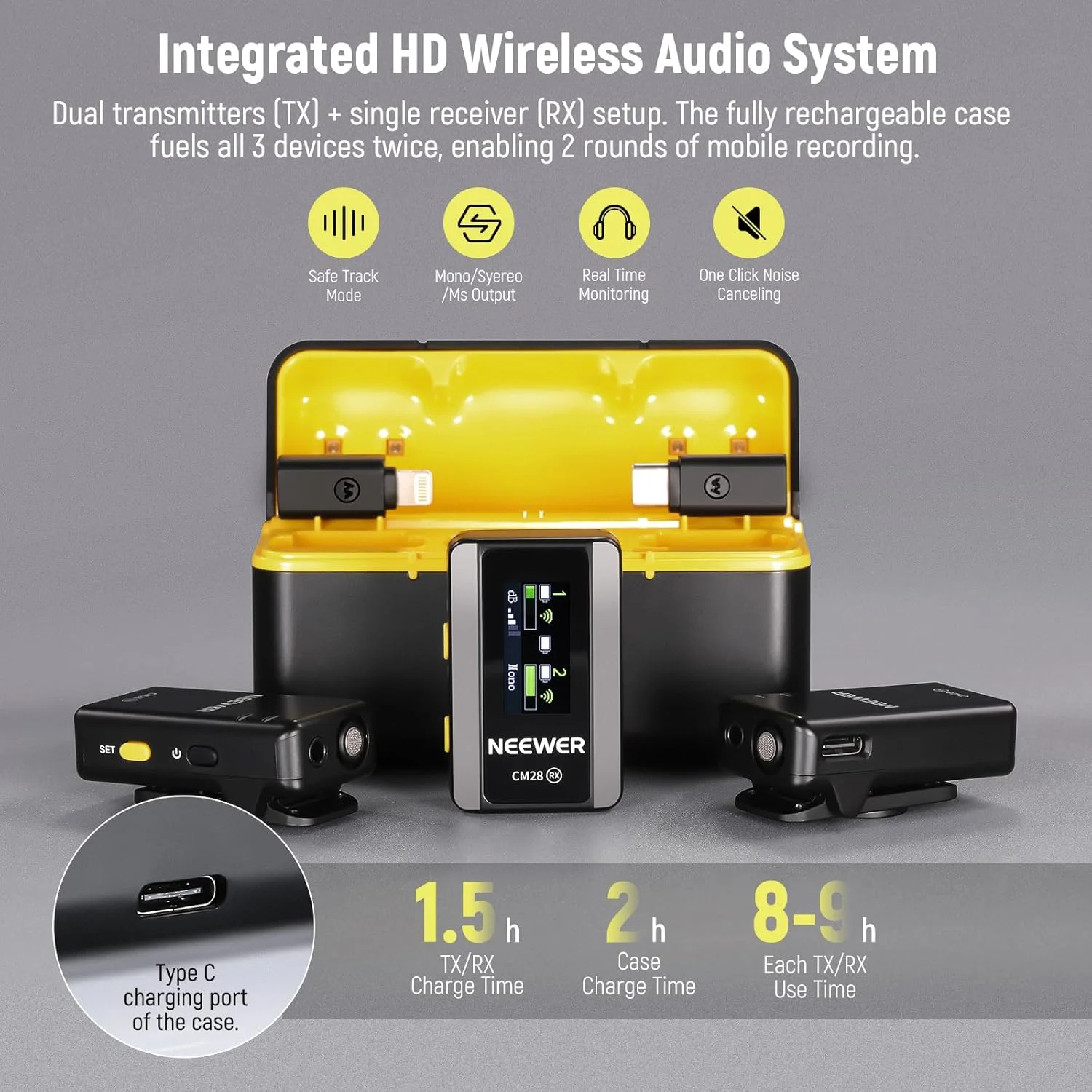 سیستم میکروفون یقه‌ای بی‌سیم NEEWER CM28 با جعبه شارژ، حذف نویز، حافظه 4 گیگابایتی، 9 ساعت ضبط صدا با کیفیت غیر فشرده 48 کیلوهرتز/16 بیت، شامل تله‌پرومتر آلومینیومی X12
