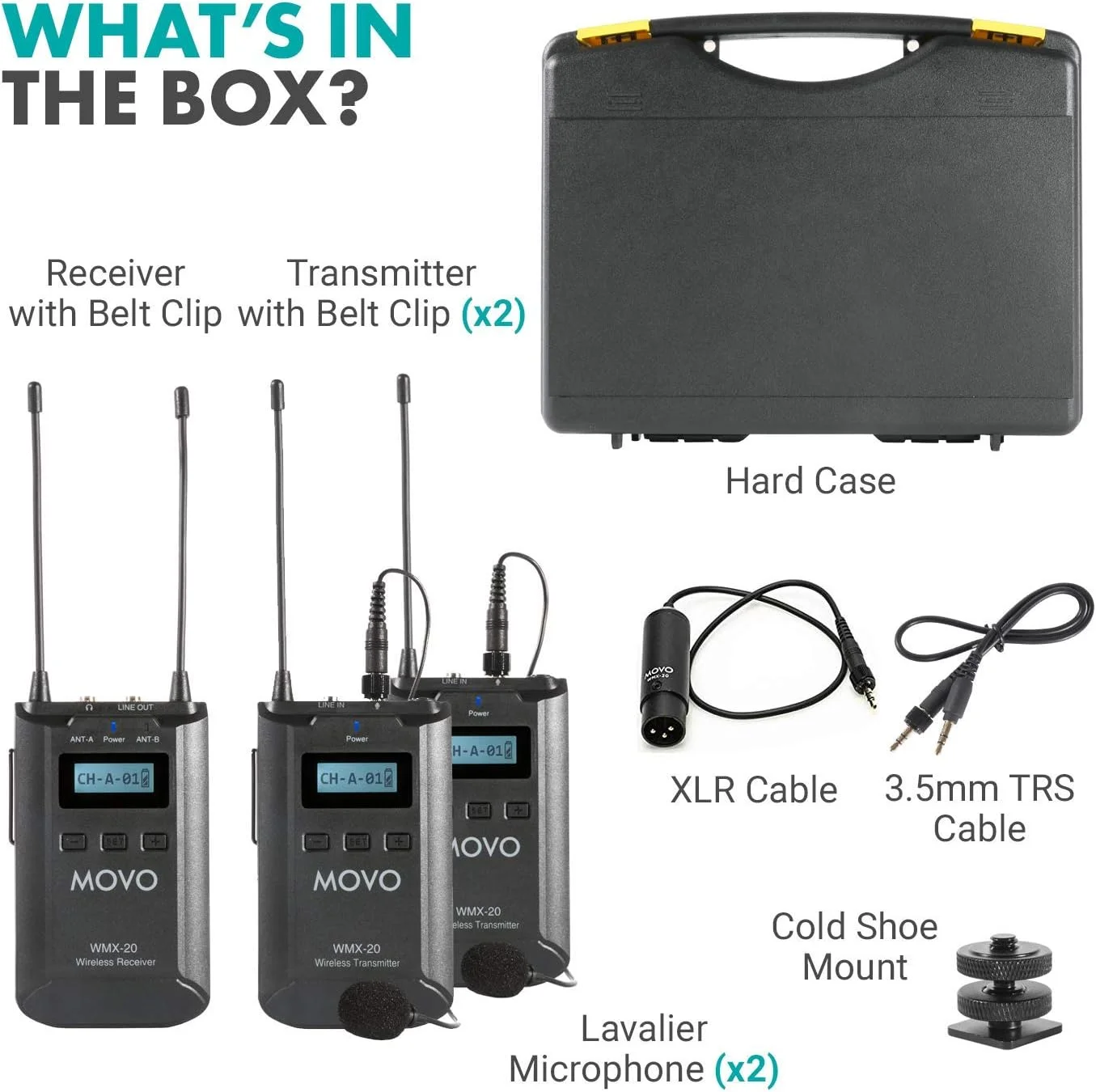 سیستم میکروفون یقه ای بی سیم UHF دو کاناله Movo WMX-20-DUO با 1 گیرنده، 2 فرستنده و 2 میکروفون یقه ای سازگار با دوربین های DSLR (برد صوتی 330 فوت)