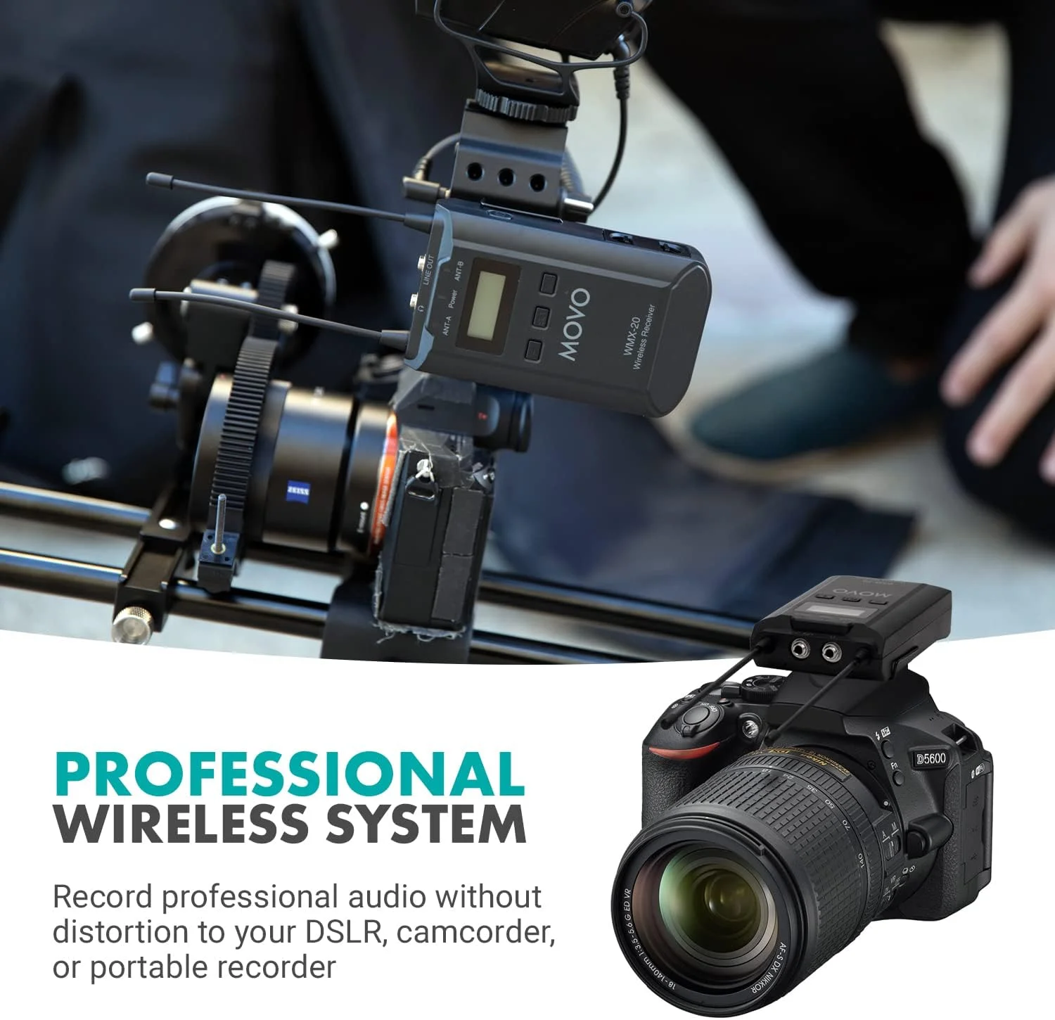 سیستم میکروفون یقه ای بی سیم UHF دو کاناله Movo WMX-20-DUO با 1 گیرنده، 2 فرستنده و 2 میکروفون یقه ای سازگار با دوربین های DSLR (برد صوتی 330 فوت)