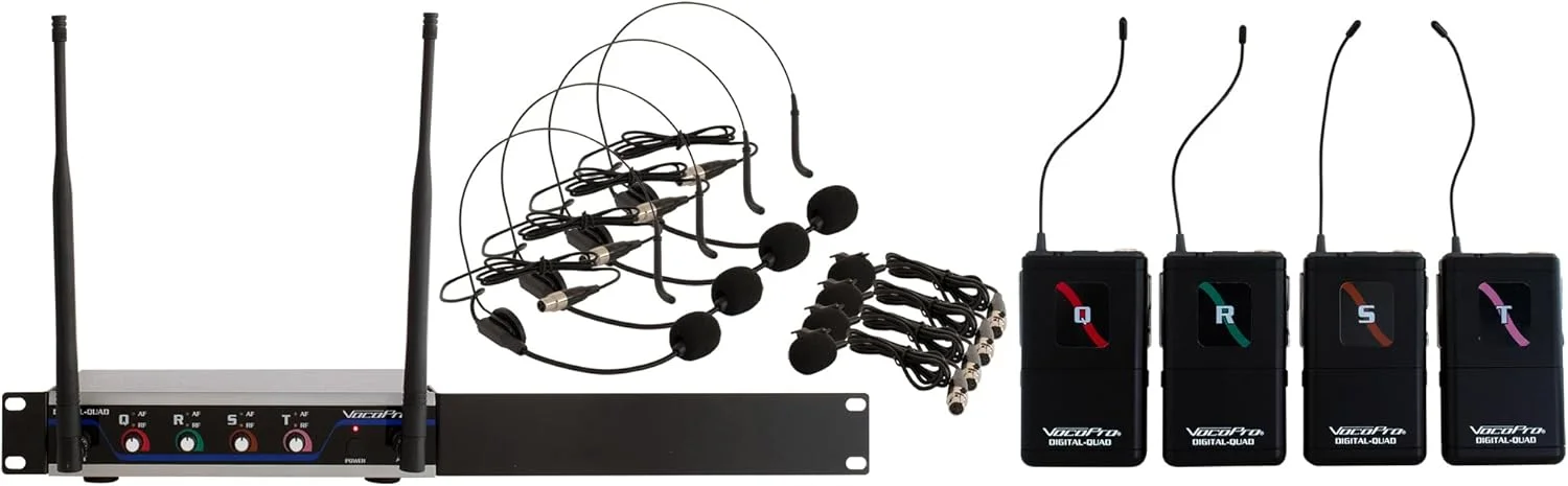 سیستم میکروفون بی‌سیم چهار کاناله UHF وکاپرو مدل Digital-Quad-B-500 با گیره‌های بدنه برای استفاده از میکروفون‌های هدست و یقه‌ای - DIGQUADB500
