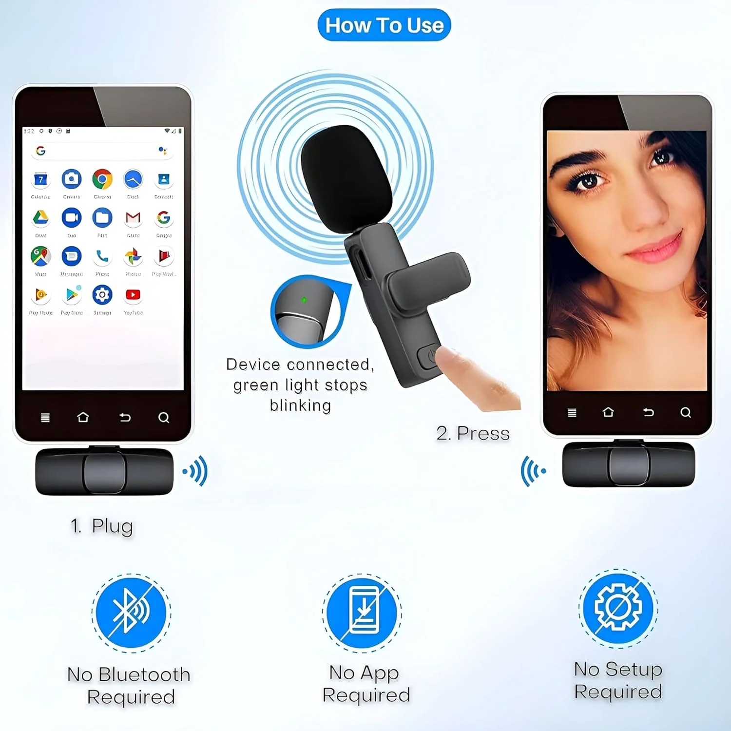 میکروفون بی‌سیم برای آیفون 15 سازگار با USB-C و سامسونگ s24 و سری آیفون 15 - میکروفون یقه‌ای بی‌سیم برای اندروید - میکروفون USB C برای ضبط ویدیو و تیک تاک (2 در 1)