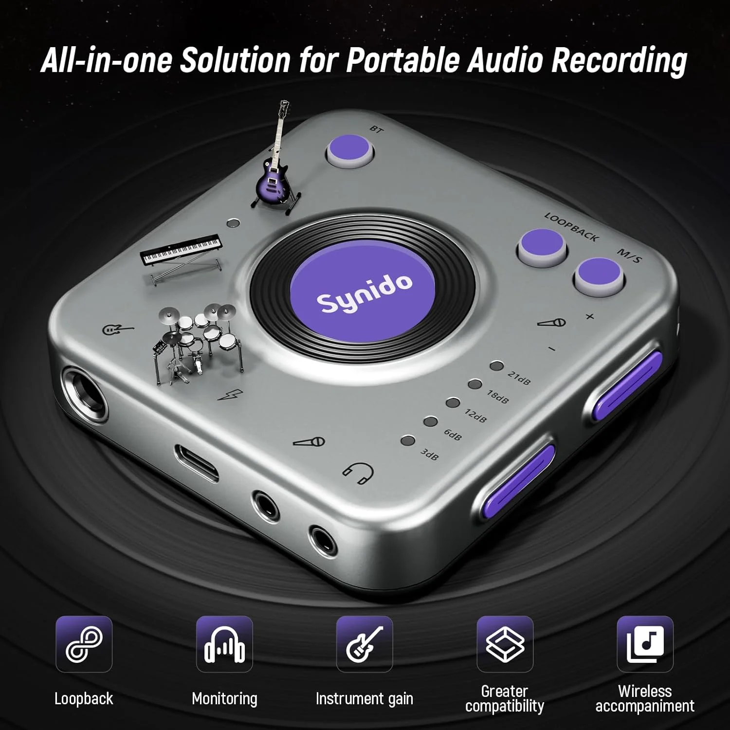 کارت صدای گیتار قابل حمل Synido، آداپتور صوتی 24 بیتی/96 کیلوهرتز با USB-C، پورت های ساز/هدفون برای پخش زنده، تجهیزات ضبط موسیقی برای iPad/iPhone/Android/Mac/PC/Laptop، (A20)