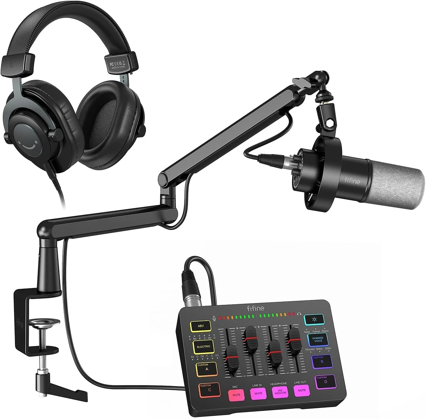 بسته ضبط صدای FIFINE با پایه بازویی، میکروفون دینامیک XLR/USB، میکسر صوتی گیمینگ، هدفون سیمی دور گوشی برای پادکست، استریم، صدای بازی، ساخت موسیقی