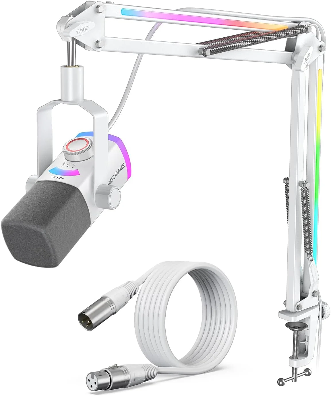 میکروفون استریمینگ FIFINE، میکروفون دینامیک XLR/USB با بازوی بوم RGB، دکمه قطع صدا، دکمه تنظیم صدا 3 در 1 و کابل XLR با کیفیت استودیویی 3 متری برای بازی، پادکست، ضبط و استودیوی خانگی مدل AM8PROTW+L9W