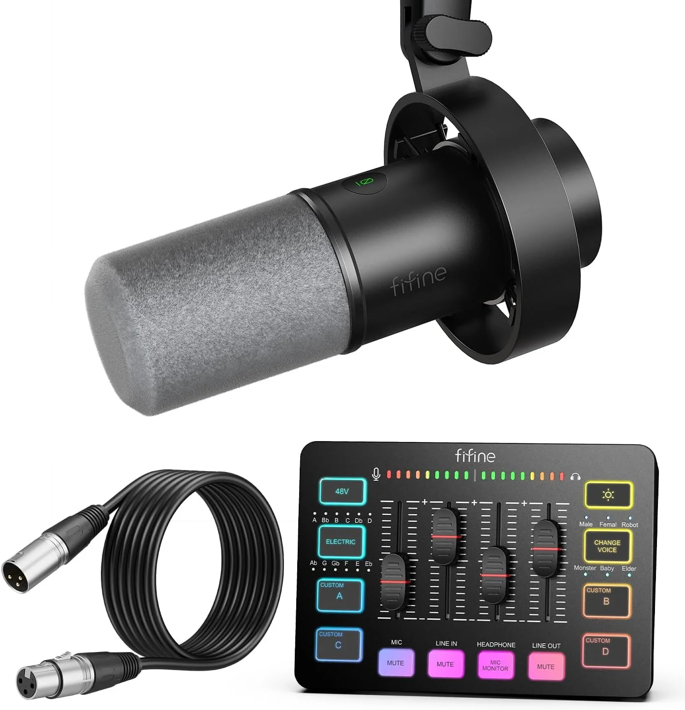 مجموعه استریم پادکست FIFINE، میکروفون XLR/USB داینامیک، میکسر صوتی گیمینگ RGB با فانتوم پاور 48 ولت، کابل XLR نر به ماده 3 متری برای ضبط وکال، صداگذاری، استریمینگ-K688+SC3+L9