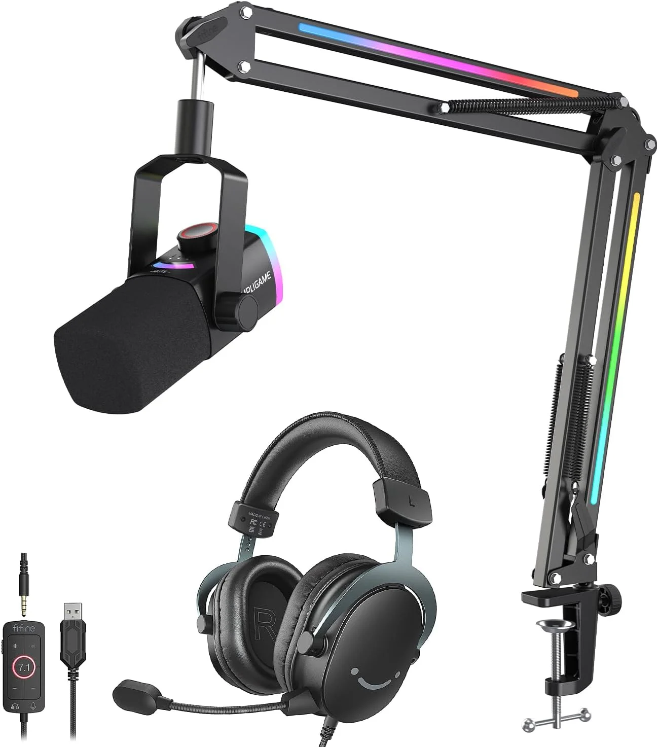میکروفون USB گیمینگ FIFINE به همراه هدست، ست میکروفون کامپیوتر با بازوی RGB بوم، هدفون 3.5 میلی‌متری صدای فراگیر 7.1 با جعبه کنترل برای استریم/PS5/Xbox/Switch (AM8PROT+H9)