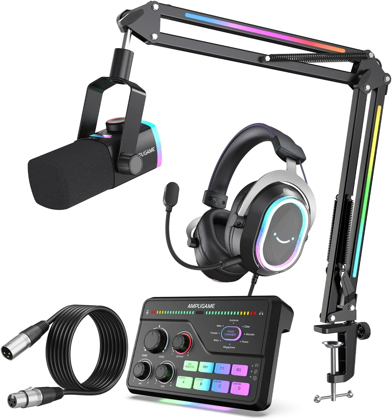 میکروفون استریمینگ FIFINE، میکروفون داینامیک RGB با بازوی بوم، میکسر صدای فراگیر 7.1، ست میکروفون با هدست سیمی حذف نویز و کابل XLR 9.8 فوتی برای PC/پادکست/ضبط-(AM8PROT+SC8+H13BP+L9)
