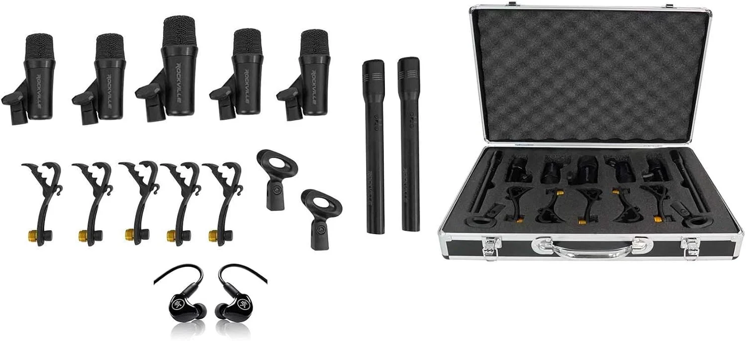 راکویل PRO-D7 KIT مجموعه 7 تایی میکروفون درام به همراه میکروفون های بیس، اسنر، کندانسور بالای سر به همراه مانیتورهای داخل گوشی حرفه ای تک درایور Mackie MP-120 و کیف حمل