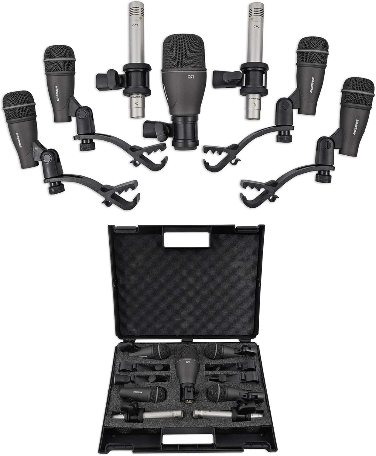 ست میکروفون درامز 7 تکه Samson DK707 شامل (1) میکروفون کیک درام، (4) میکروفون اسنر/تام، (2) میکروفون مدادی و مانیتورهای Mackie