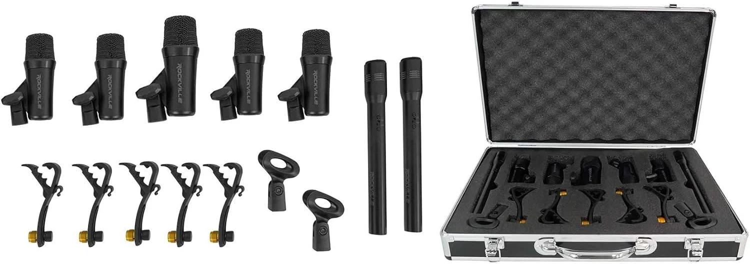 ست میکروفون درام 7 تکه Rockville PRO-D7 KIT، شامل 1 میکروفون بیس، 4 میکروفون اسنر، 2 میکروفون کندانسور بالای سر، بدنه تمام فلزی، به همراه گیره و کیف، مناسب برای ضبط درام در استودیو و اجرای زنده