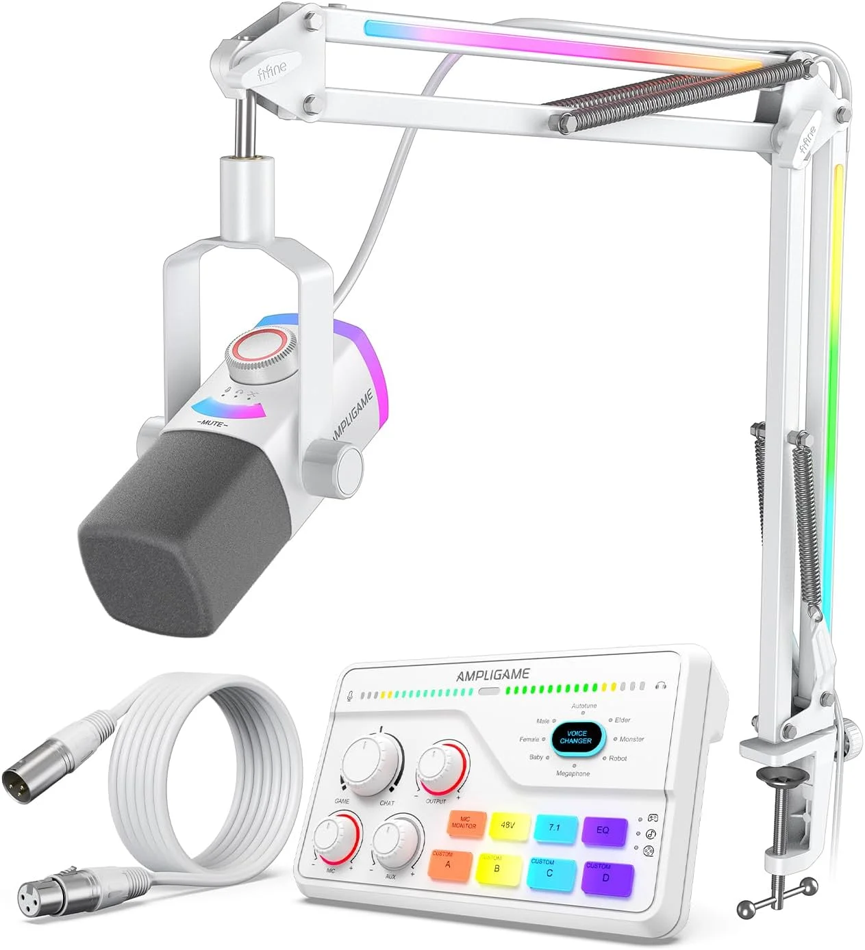 کیت میکروفون صوتی گیمینگ FIFINE، میکروفون USB/XLR با بازوی فلزی RGB، میکسر صوتی با صدای فراگیر 7.1 کاناله - دکمه تنظیم صدا - قطع صدا - چت صوتی و کابل متعادل XLR 10 فوتی برای استریم، پادکست - AM8PROTW+SC8W+L9W
