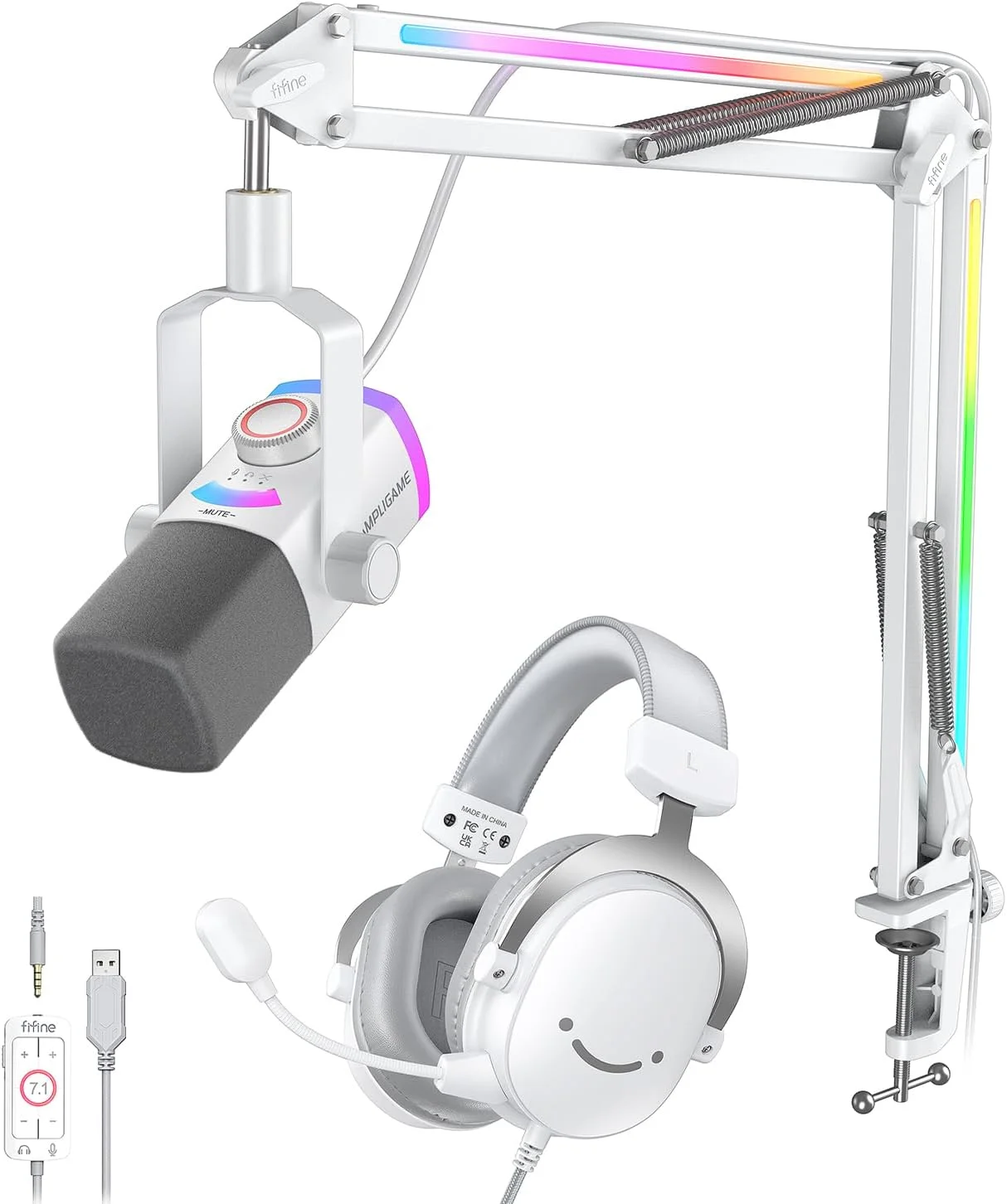 میکروفون و هدست گیمینگ FIFINE، کیت میکروفون داینامیک XLR/USB با بازوی RGB، دکمه قطع صدا، هدفون سیمی USB با صدای فراگیر 7.1 برای استریم پادکست PC PS5 - مدل H9W+AM8PROTW