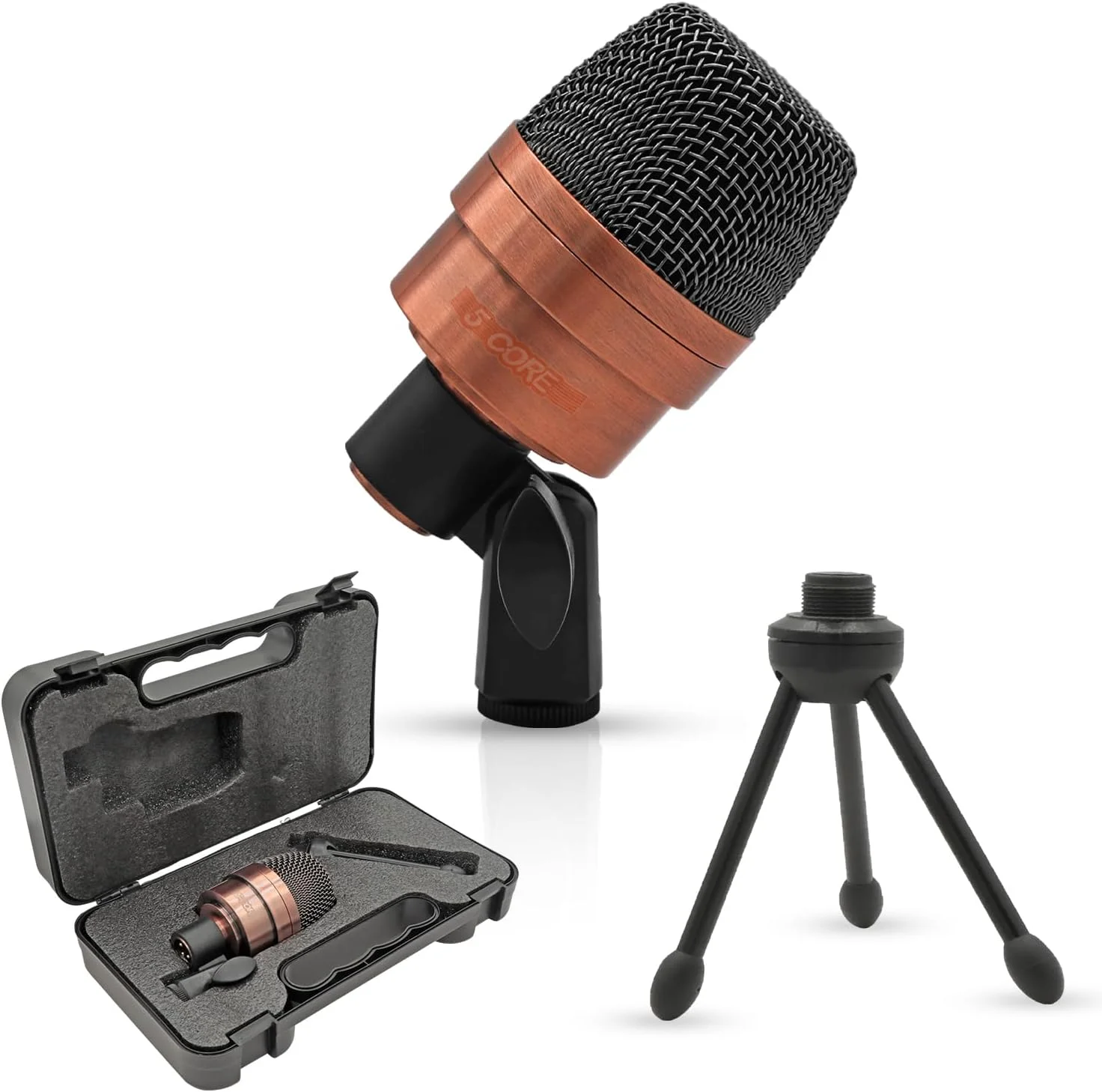 میکروفون تام 5 CORE با روکش مسی، سیم XLR، یک جهته، مناسب برای اسنر درام و سایر سازهای موسیقی به همراه پایه سه پایه توری فولادی چرخان و کیف حمل - Tom XP COPPEREX