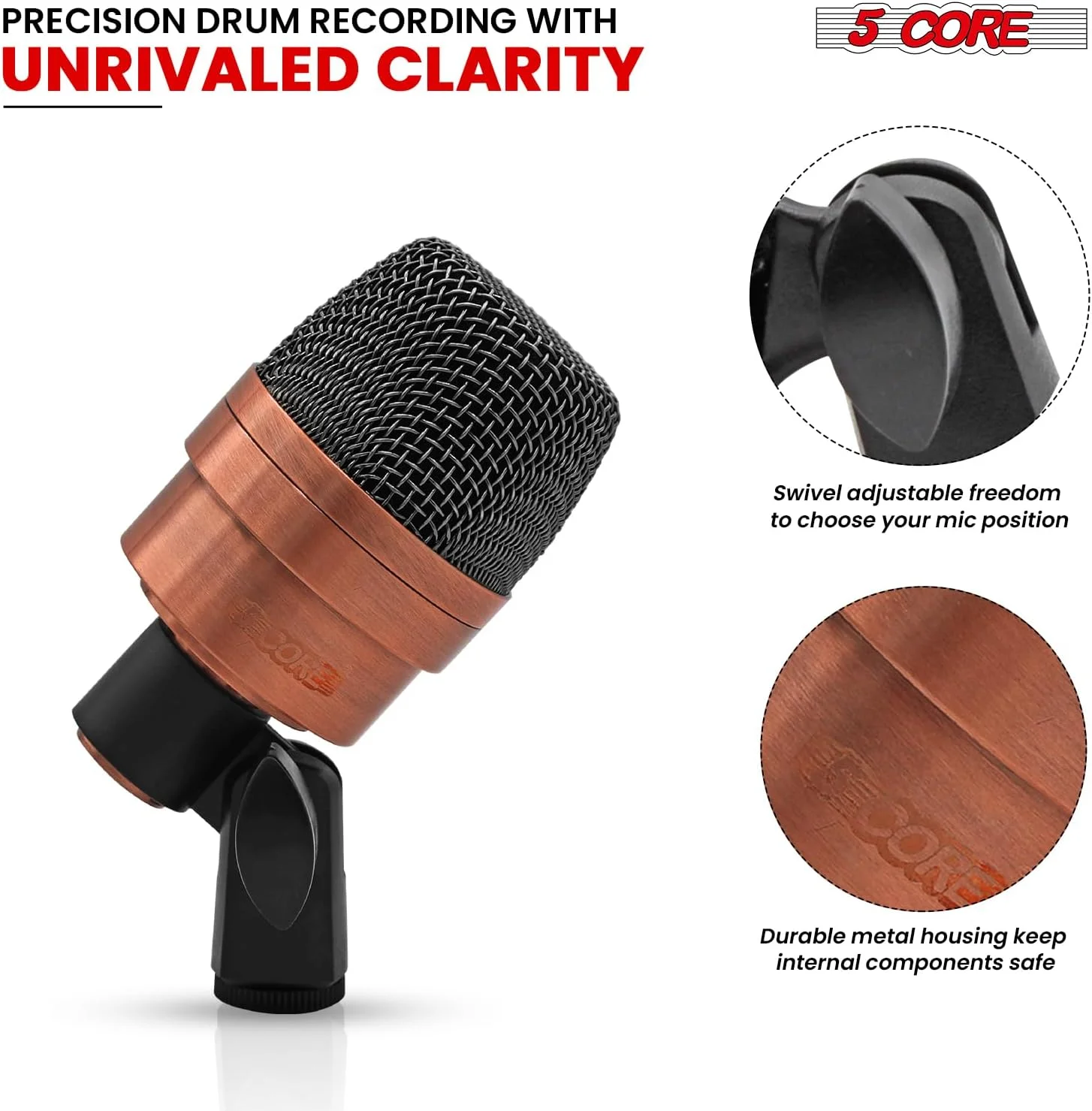 میکروفون تام 5 CORE با روکش مسی، سیم XLR، یک جهته، مناسب برای اسنر درام و سایر سازهای موسیقی به همراه پایه سه پایه توری فولادی چرخان و کیف حمل - Tom XP COPPEREX