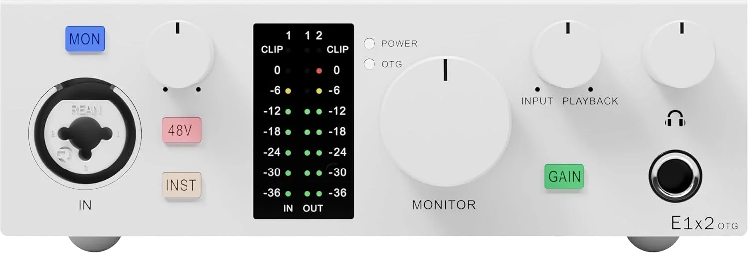 کارت صدای USB OTG تپینگ مدل E1X2 | پری امپ میکروفون XLR، فانتوم پاور 48 ولت، 24 بیت/192 کیلوهرتز، 8 کانال DAW/6 کانال Loopback، ضبط PC و موبایل، استریم دوگانه، میکسر بدون تاخیر، پخش با رزولوشن بالا (سفید)