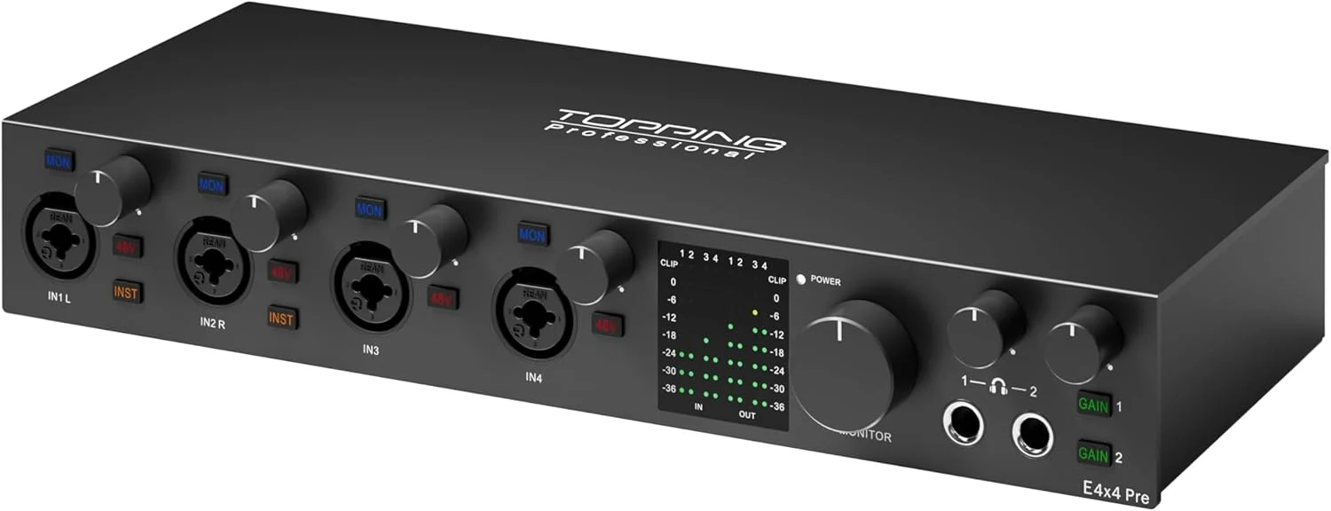 کارت صدای USB TOPPING E4X4 Pre - دارای دو پورت USB-C، نرخ نمونه برداری 24bit/192kHz، ورودی/خروجی 4IN/4OUT، دو خروجی هدفون، نویز کم، مانیتورینگ Real-Time، میکسر، مناسب برای PC، Mac، iPhone، ضبط حرفه ای (مشکی)