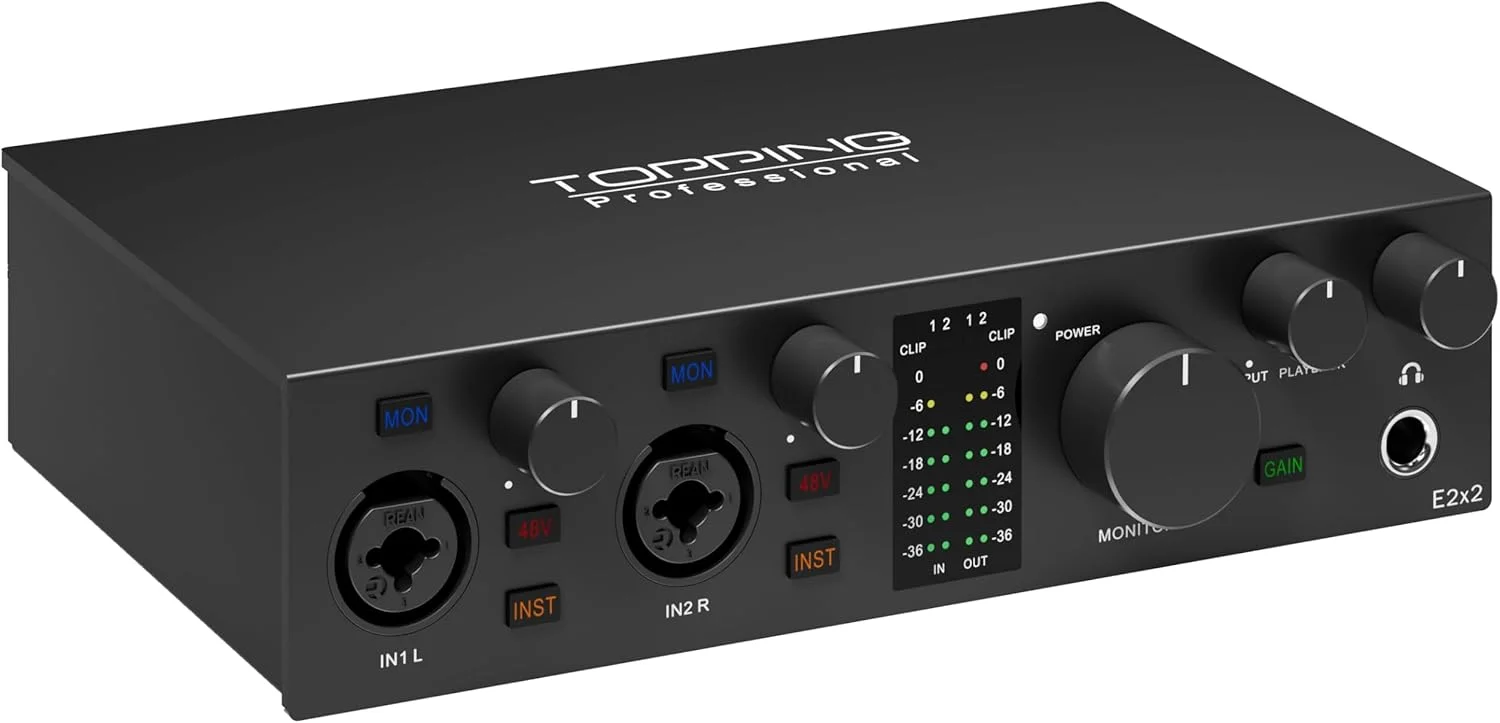 کارت صدای USB تپینگ E2X2 - میکسر و رابط ضبط با عملکرد بالا برای کامپیوتر، مک، آیفون و اندروید - پری امپ فوق خطی، فانتوم پاور 48 ولت، نویز کم، مانیتورینگ بی‌درنگ (مشکی)