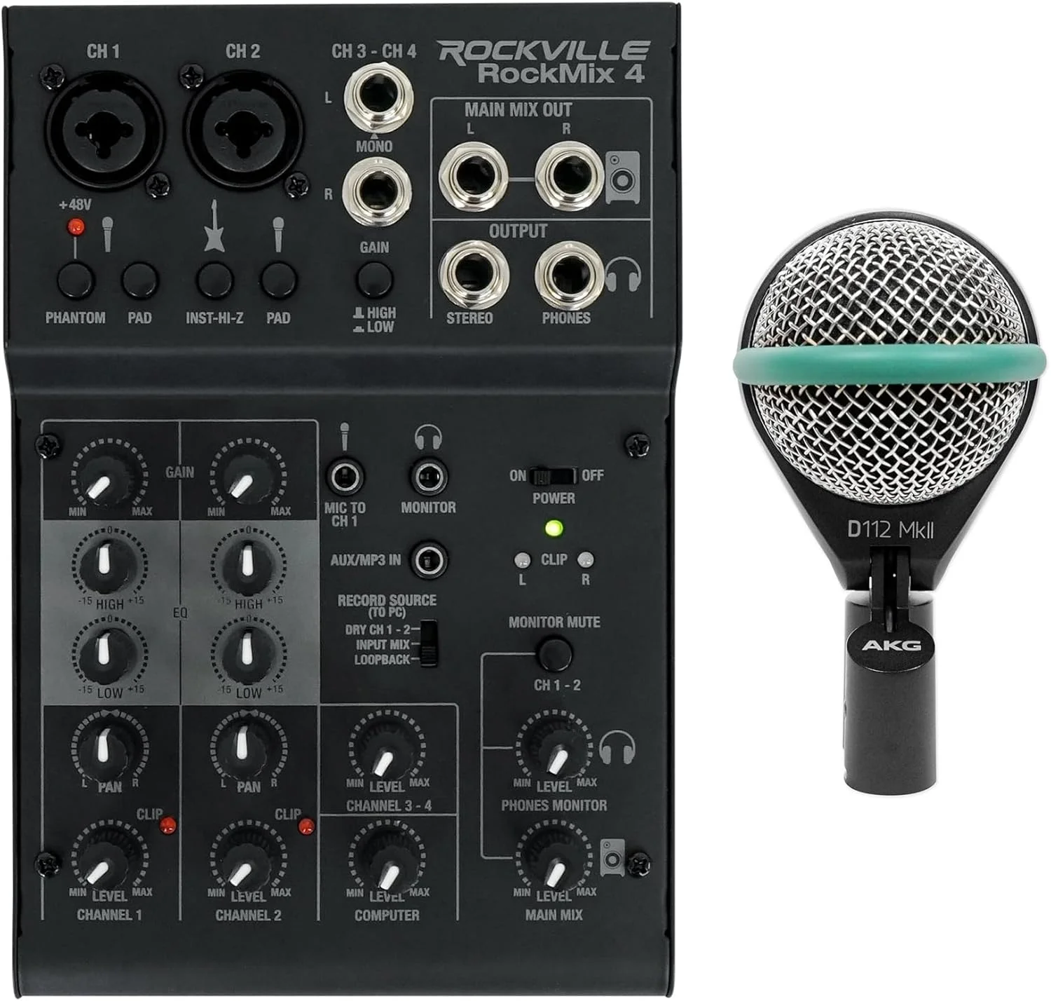 بسته صوتی شامل: (1) میکروفون حرفه ای داینامیک بیس درام گیتار باس AKG D112 MKII به همراه (1) میکسر 4 کانال Rockville RockMix با رابط USB و اکولایزر (2 مورد)