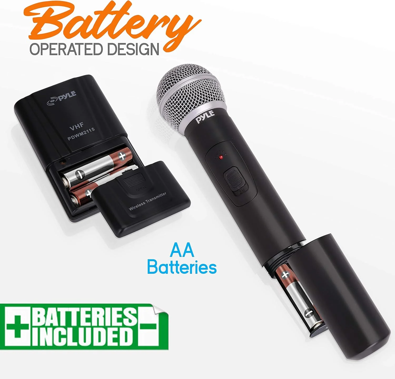 سیستم میکروفون بی‌سیم دو کاناله Pyle - ست میکروفون صوتی VHF قابل حمل با میکروفون یقه‌ای گیره‌ای، دستی، هدست، فرستنده، کابل ¼ اینچی، آداپتور برق - برای کارائوکه، PA DJ - Pyle Pro PDWM2115