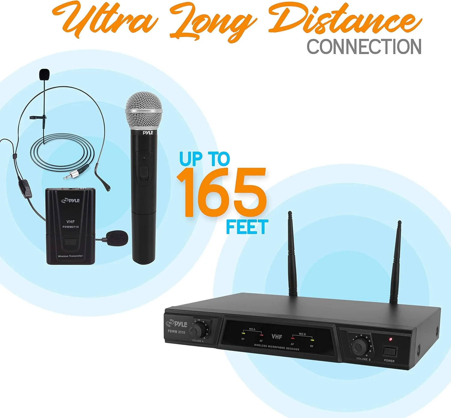 سیستم میکروفون بی‌سیم دو کاناله Pyle - ست میکروفون صوتی VHF قابل حمل با میکروفون یقه‌ای گیره‌ای، دستی، هدست، فرستنده، کابل ¼ اینچی، آداپتور برق - برای کارائوکه، PA DJ - Pyle Pro PDWM2115