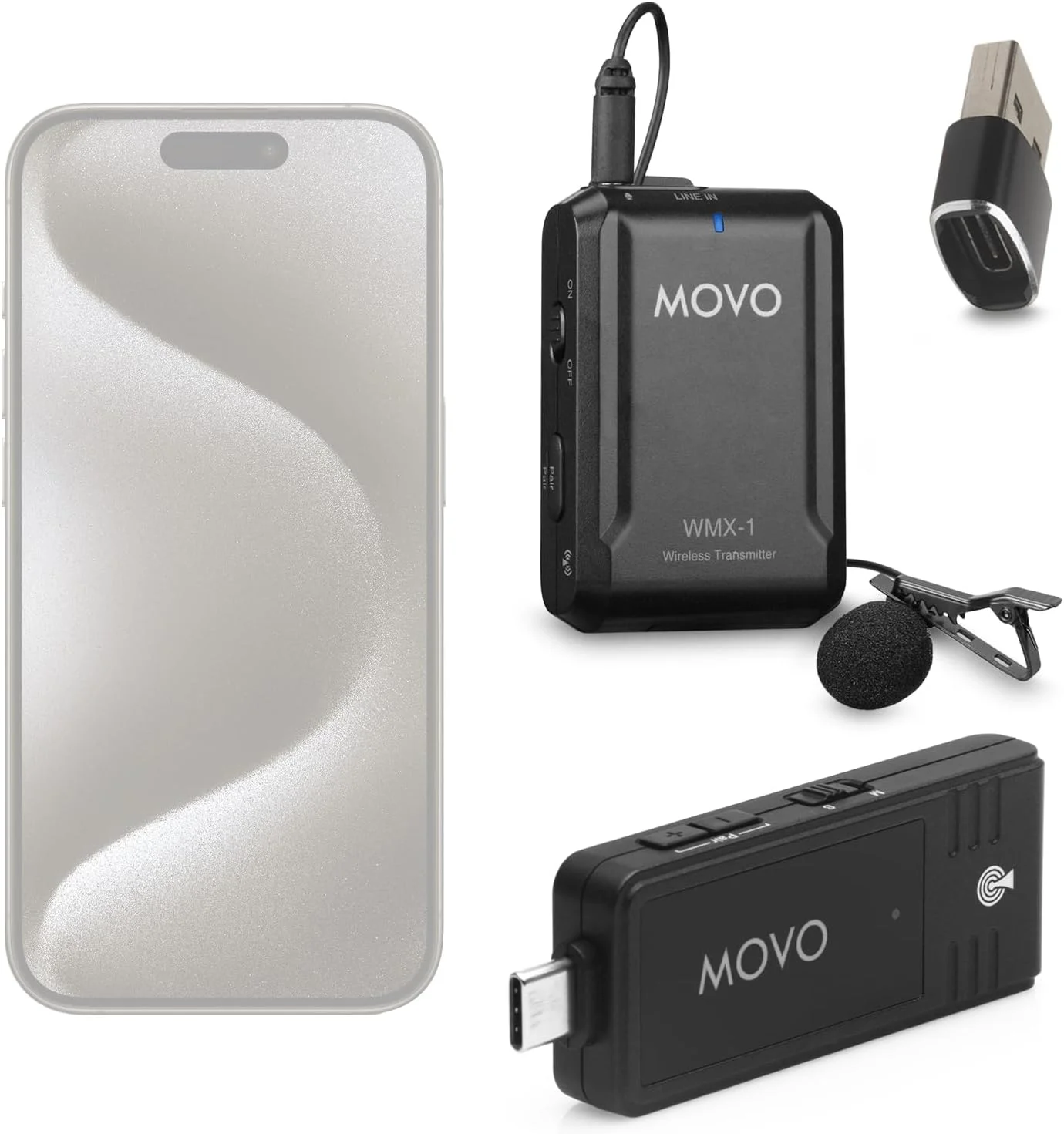 سیستم میکروفون بی‌سیم USB-C موو برای اندروید و آیفون 15 و بالاتر - میکروفون یقه‌ای حرفه‌ای با انتقال 2.4 گیگاهرتز و آداپتور USB-C به USB-A