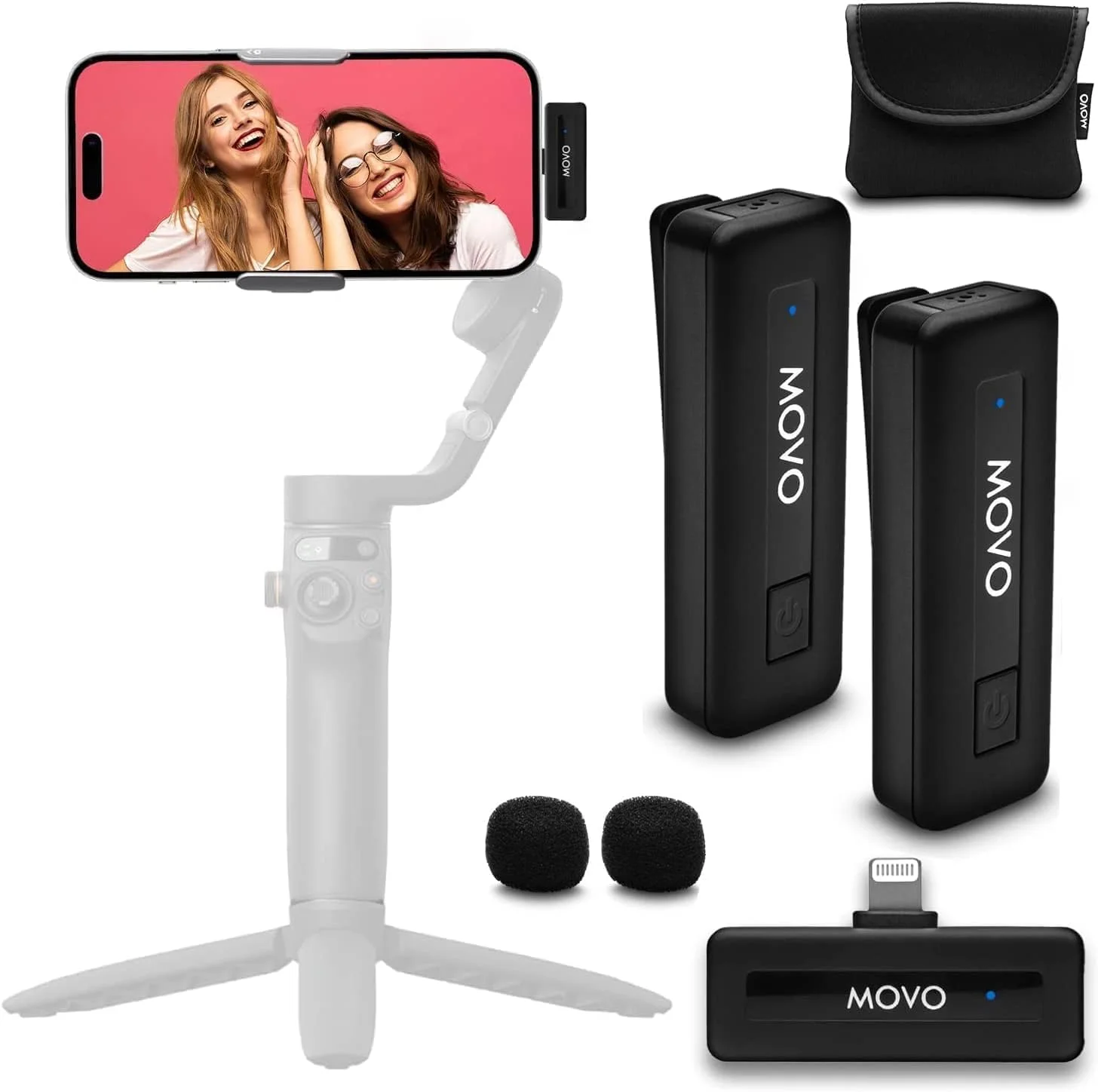 میکروفون بی سیم مینی DI Duo Movo - میکروفون ضبط ویدیو آیفون با میکروفون یقه ای، باتری 10 ساعته، برد 50 متری